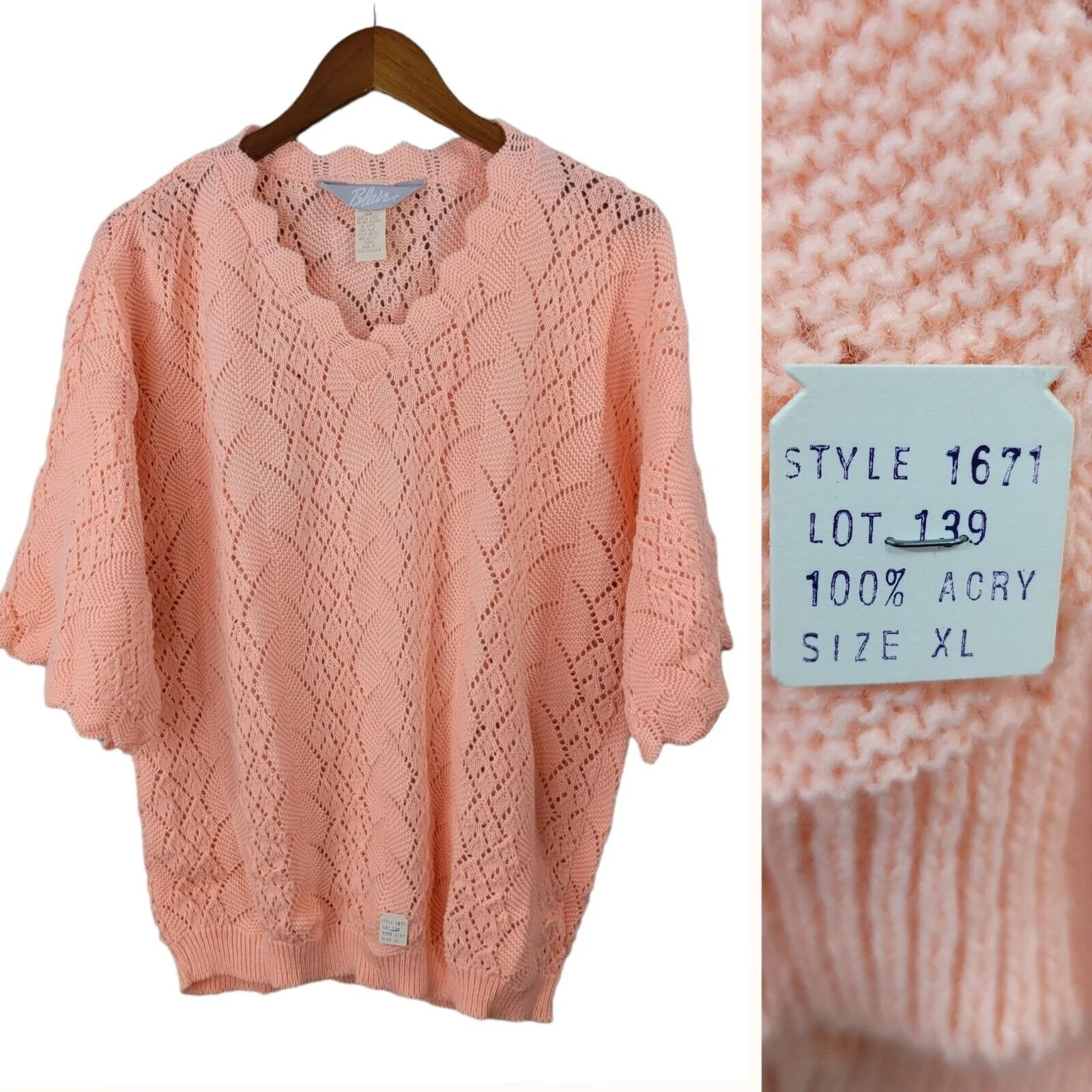 Vintage 80s New Size Xl Open Knit Crochet Pullover Sweater Pink Dead Stock by Blair - Image 3