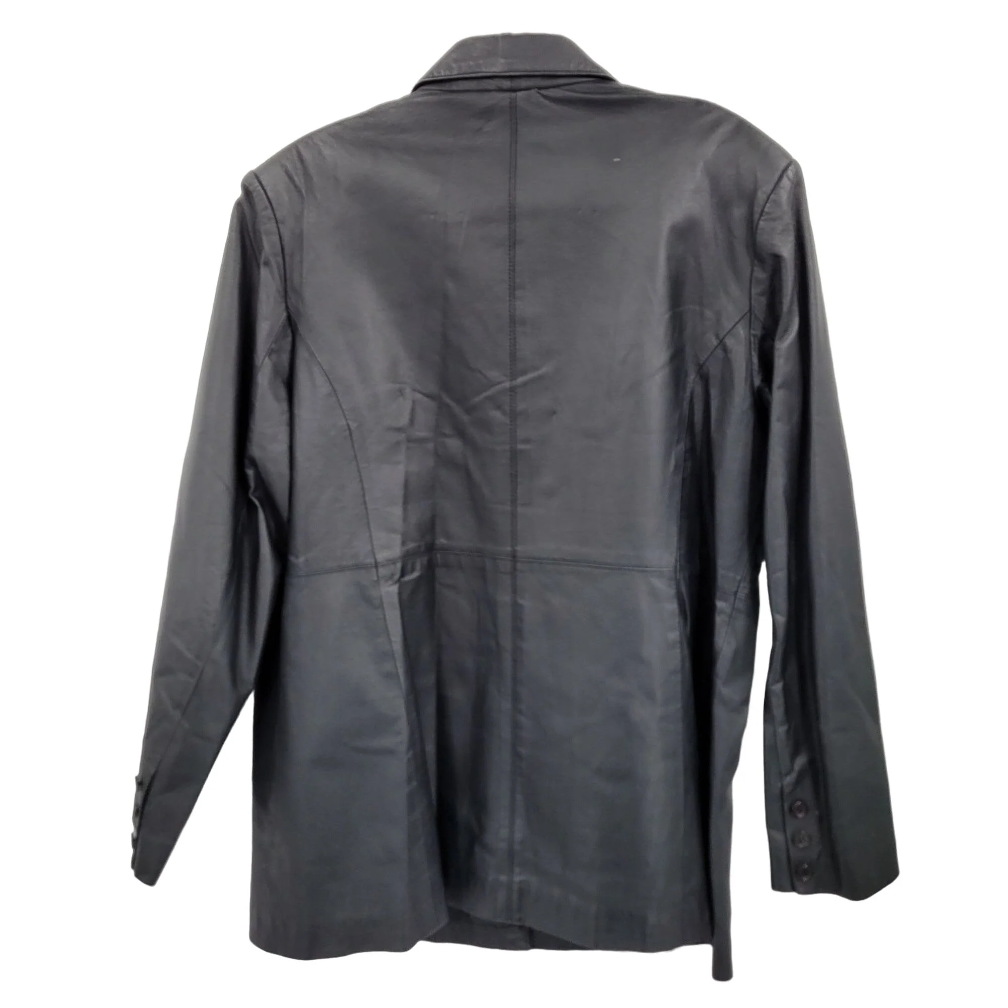 Vintage 80s Newport News Leather Coat Blazer Notched Collar Button Down Black 18 by Newport News - Image 2