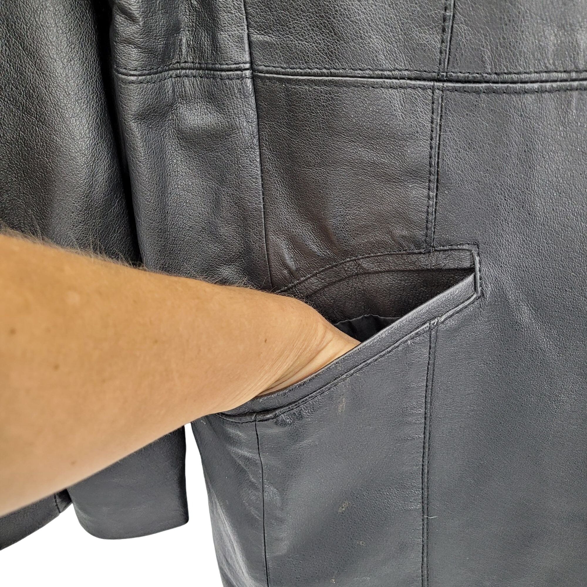 Vintage 80s Newport News Leather Coat Blazer Notched Collar Button Down Black 18 by Newport News - Image 5
