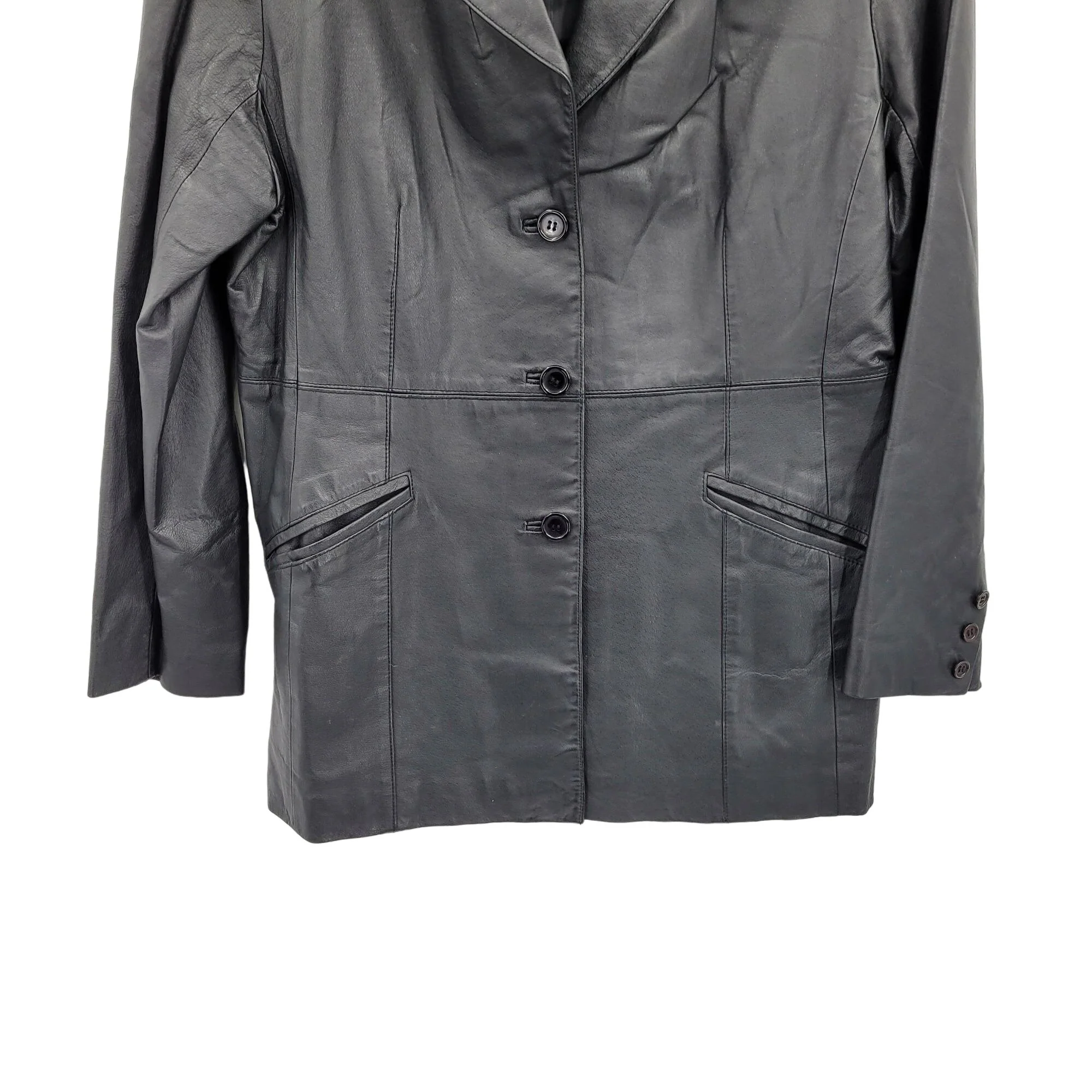 Vintage 80s Newport News Leather Coat Blazer Notched Collar Button Down Black 18 by Newport News - Image 7
