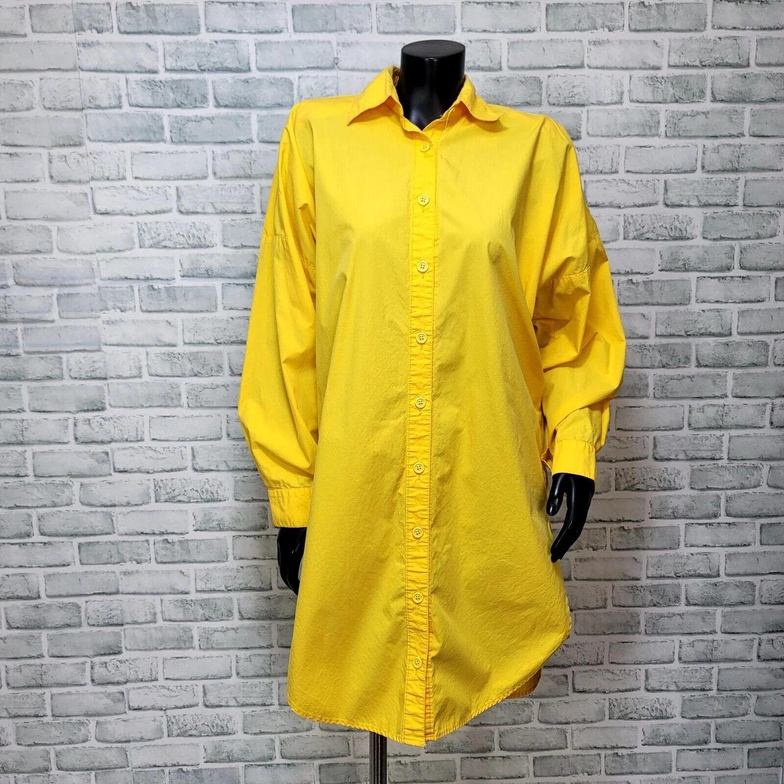 80s Yellow Tunic Button Up Shirt Tail Dress By Norma Kamali - Image 3