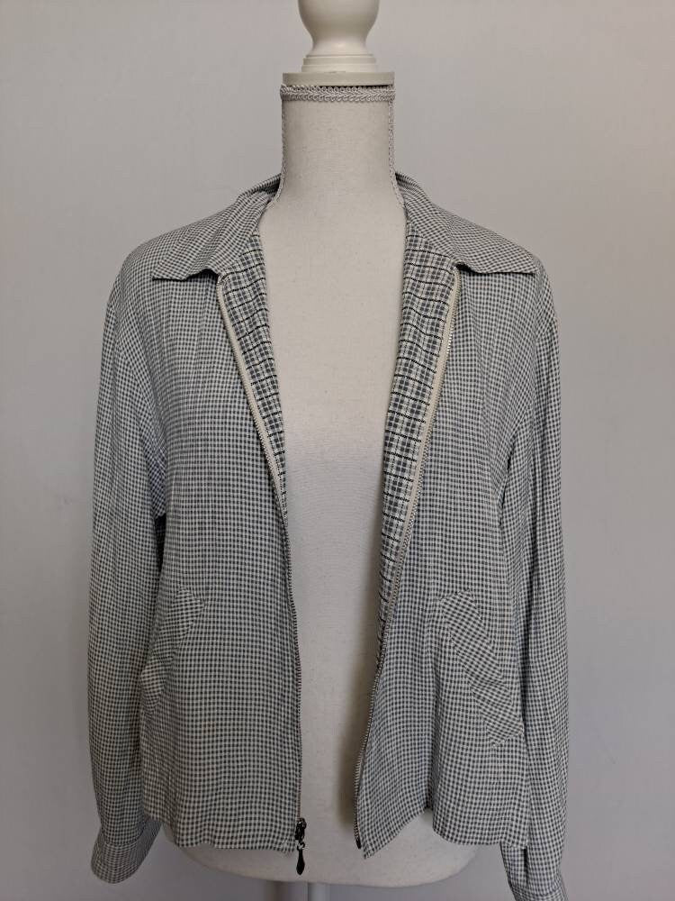 Vintage 80s Norton Mcnaughton 50s Style Lightweight Zip Up Blue and White Gingham Plaid Jacket by Norton Mcnaughton - Image 2