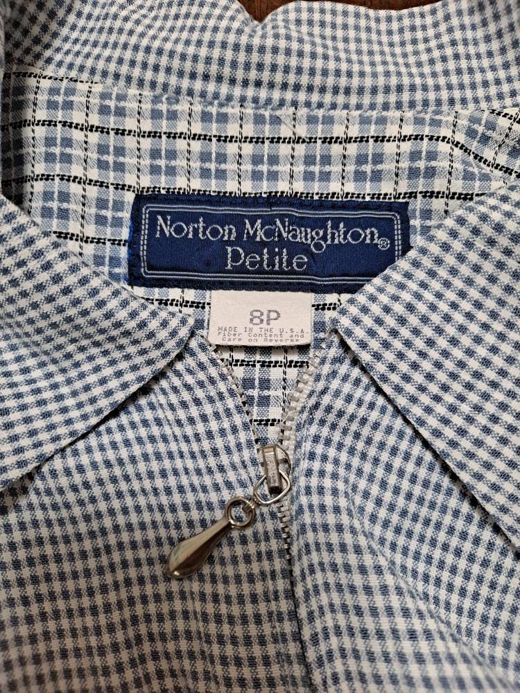 Vintage 80s Norton Mcnaughton 50s Style Lightweight Zip Up Blue and White Gingham Plaid Jacket by Norton Mcnaughton - Image 6