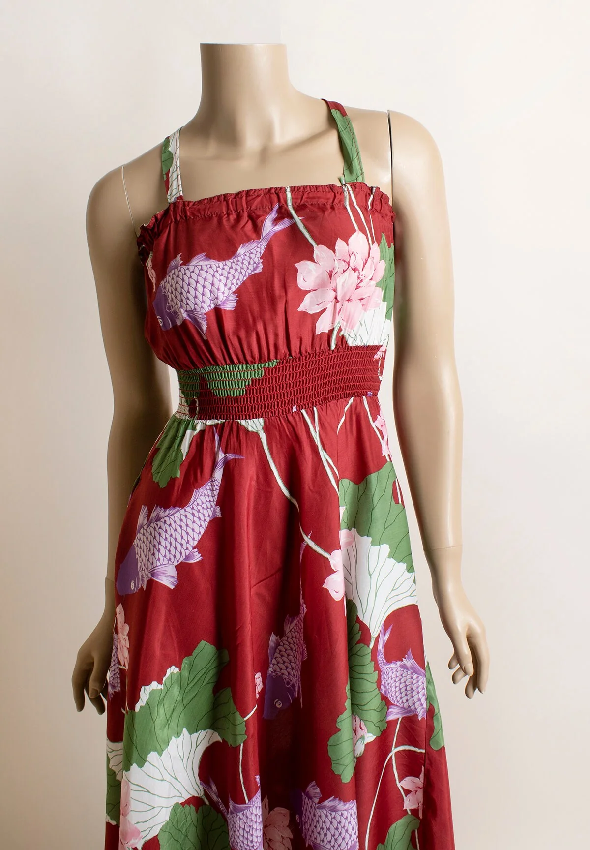 Vintage 80s Novelty Print Koi Fish Maroon Burgundy Rayon Summer Dress by Sunshine By Sherry Holt - Image 6