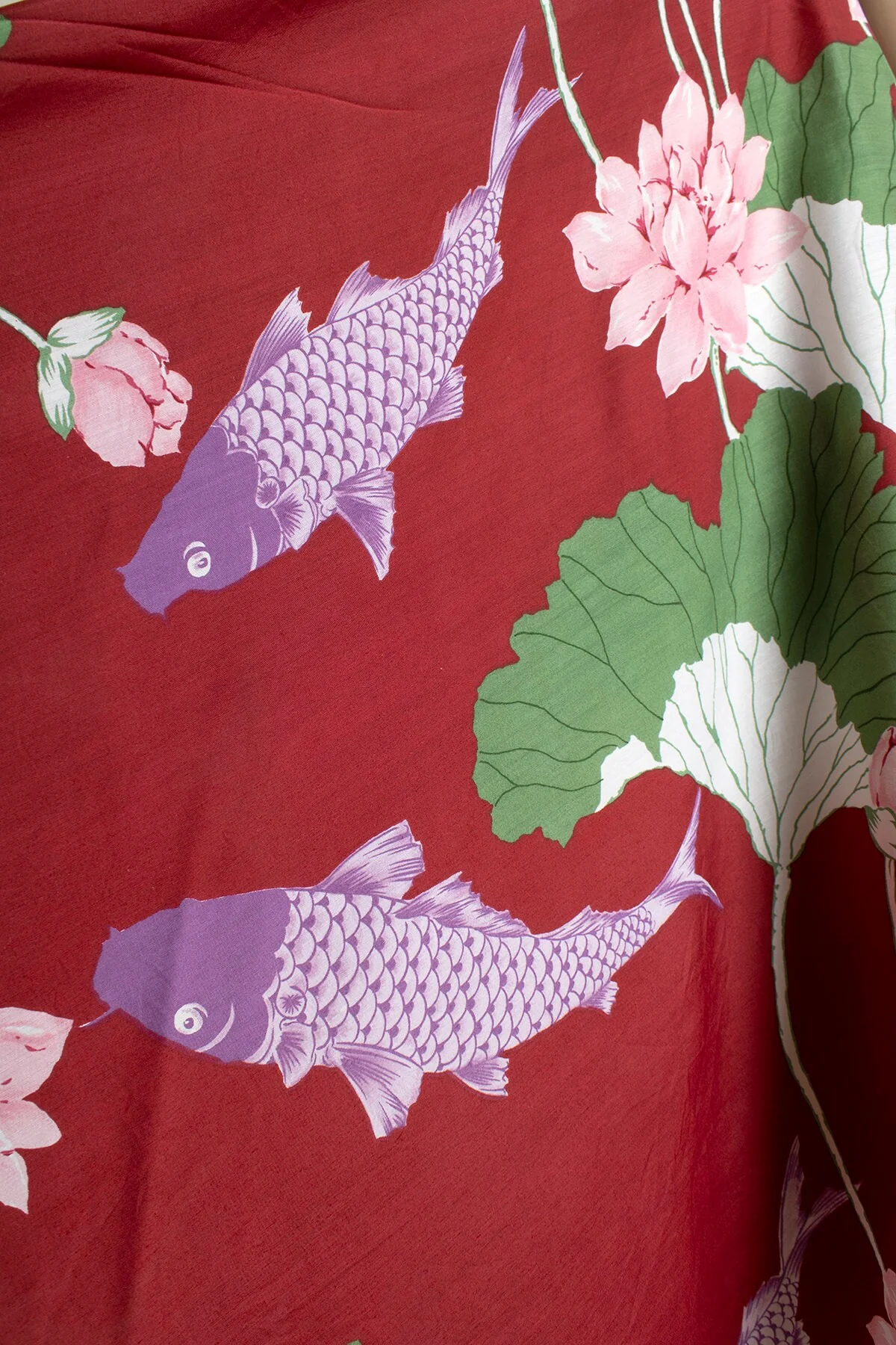 Vintage 80s Novelty Print Koi Fish Maroon Burgundy Rayon Summer Dress by Sunshine By Sherry Holt - Image 7