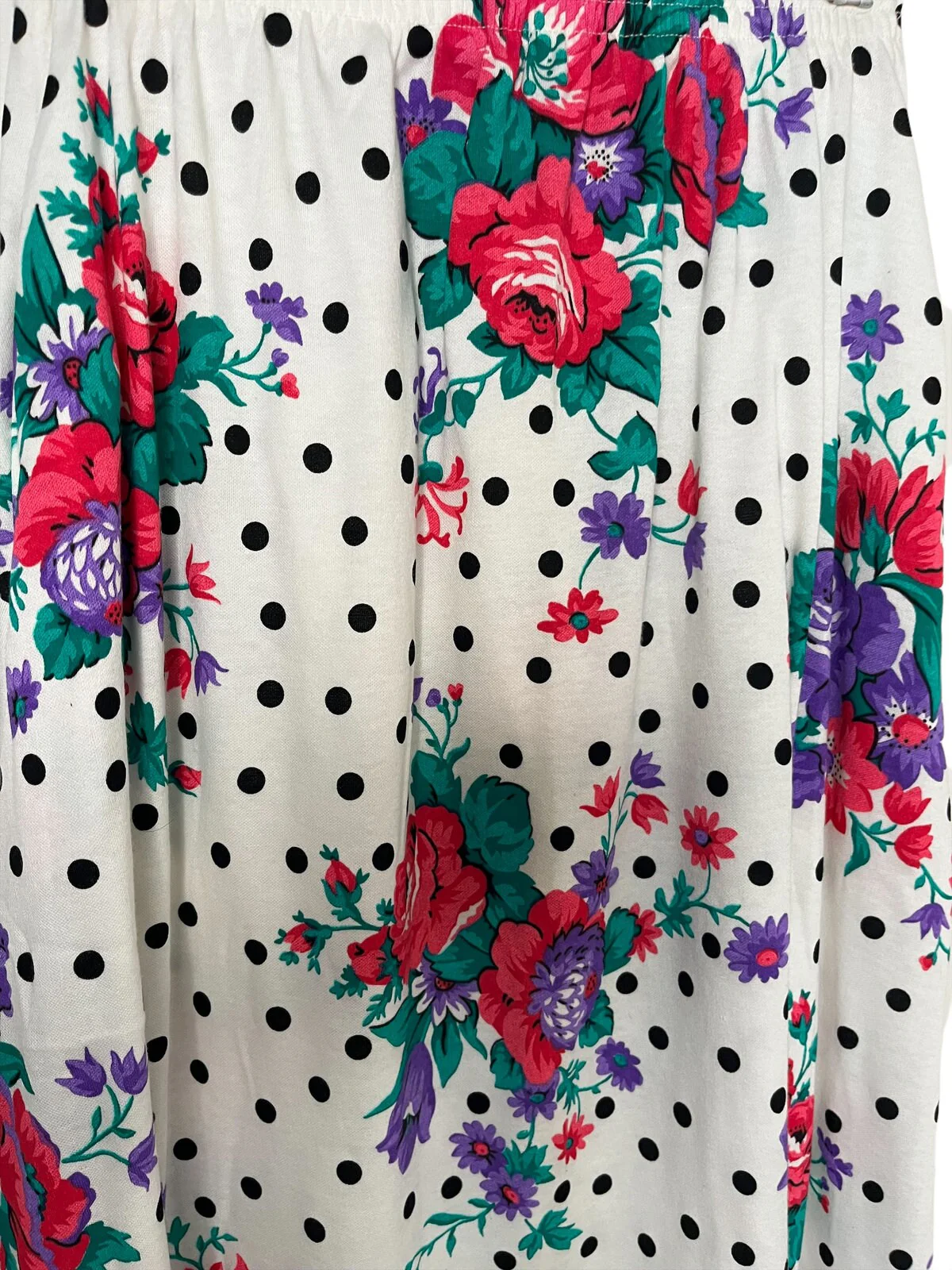 Vintage 80s Nwt White Polka Dot Floral Pink Green Stretch Skirt Pocket Small/med by Goldblatt's - Image 2