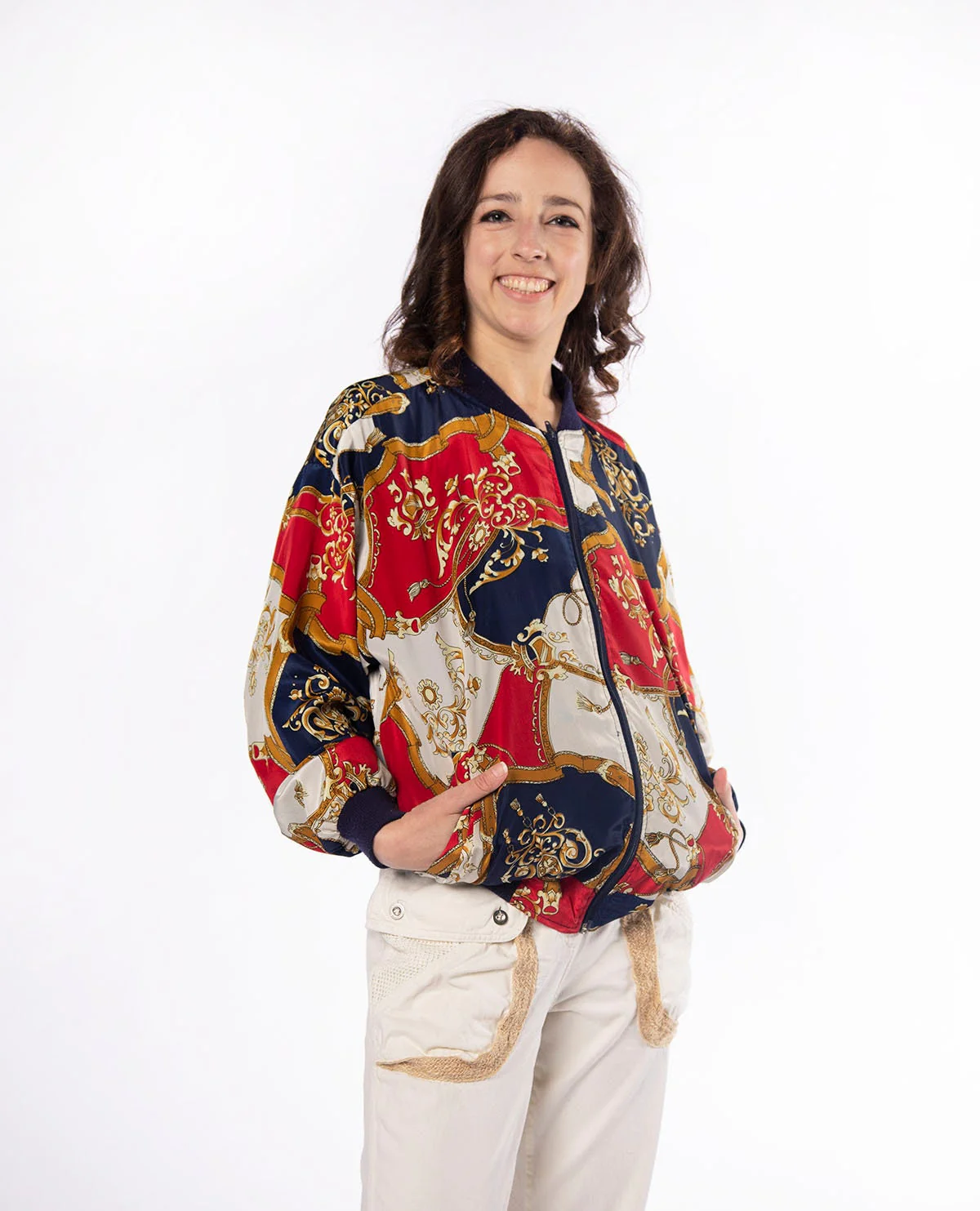 Vintage 80s Nylon Bomber Jacket - Ornate Royal Shield and Buckle Novelty Print - Front Zip - Pockets - Medium - Image 3