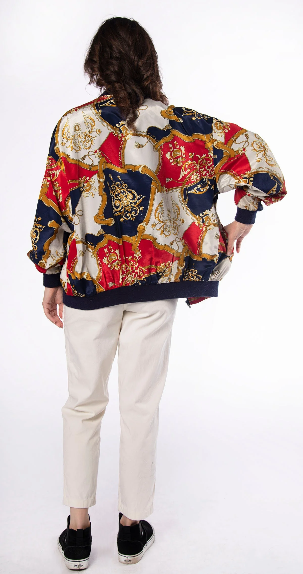 Vintage 80s Nylon Bomber Jacket - Ornate Royal Shield and Buckle Novelty Print - Front Zip - Pockets - Medium - Image 4
