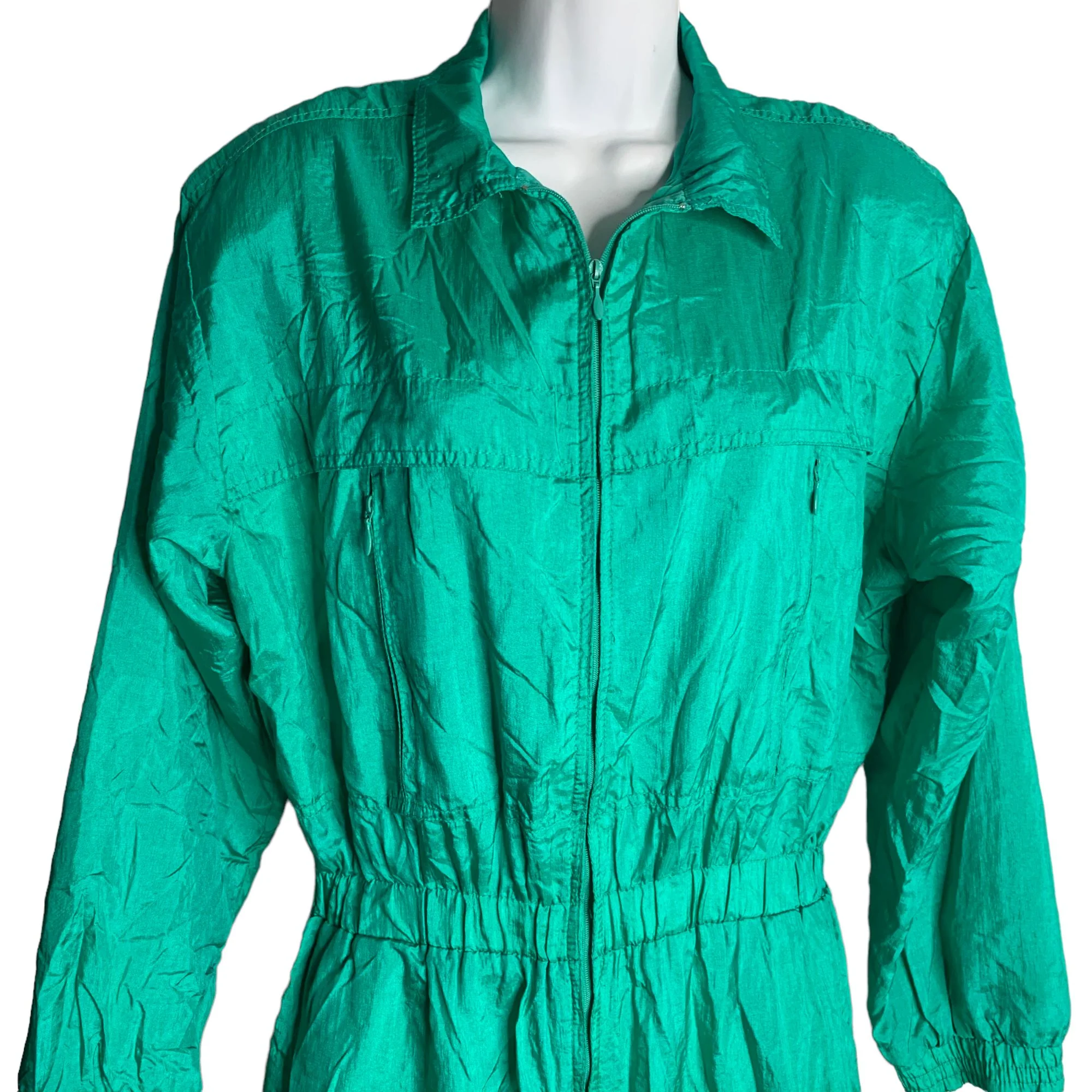 Vintage 80s Nylon One Piece Jumpsuit L Green Zip Shoulder Pads by Abraxas - Image 2
