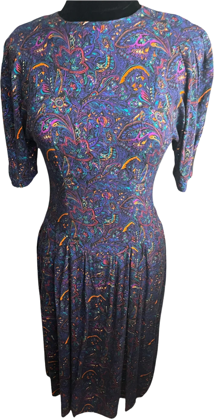 Vintage 80s Paisley Purple Blue Fall A-Line Dress Small/med by Hunters Run