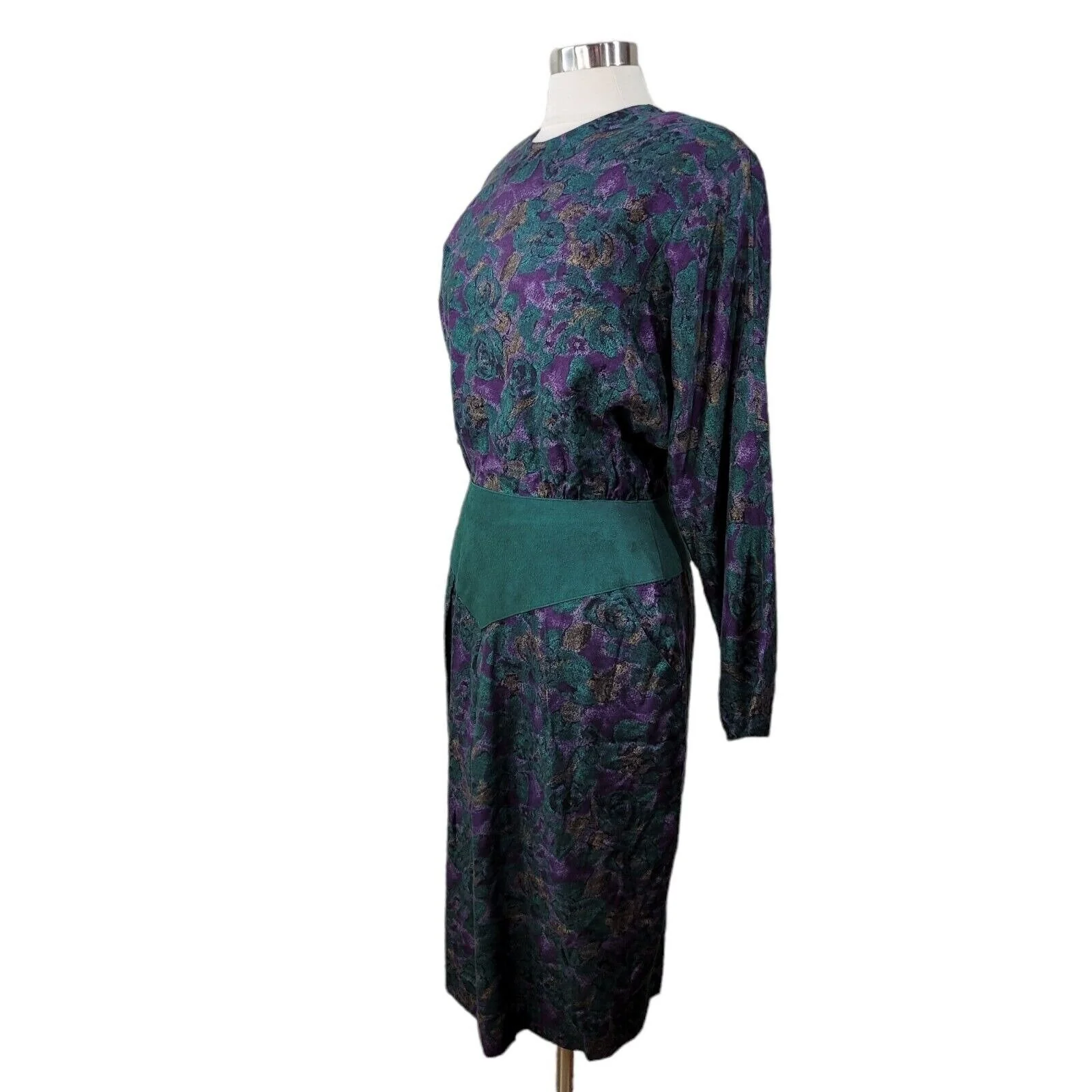 Vintage 80s Party Dress Size 10/12 Career Suede Leather Waist Trim Teal Purple - Image 3
