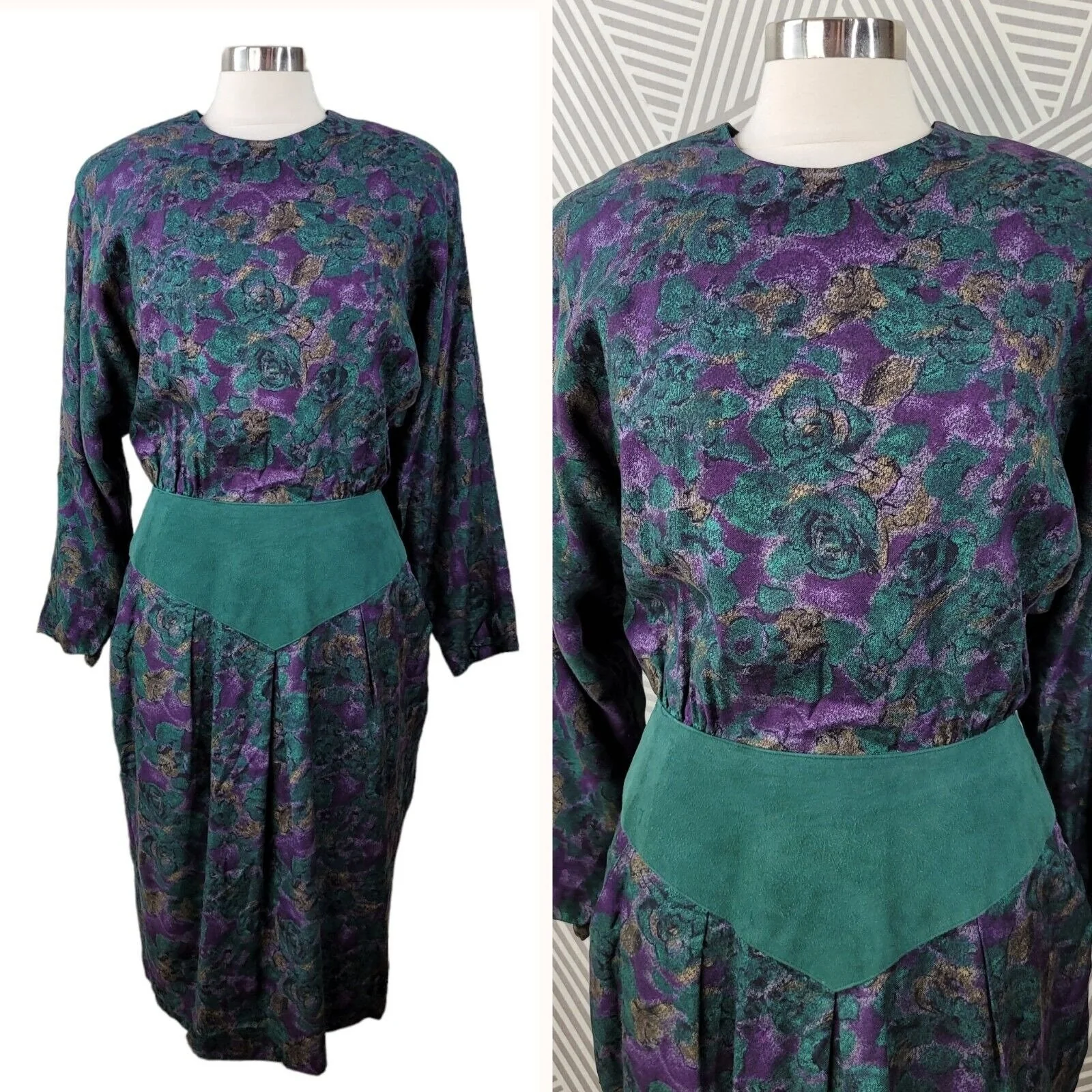 Vintage 80s Party Dress Size 10/12 Career Suede Leather Waist Trim Teal Purple - Image 4