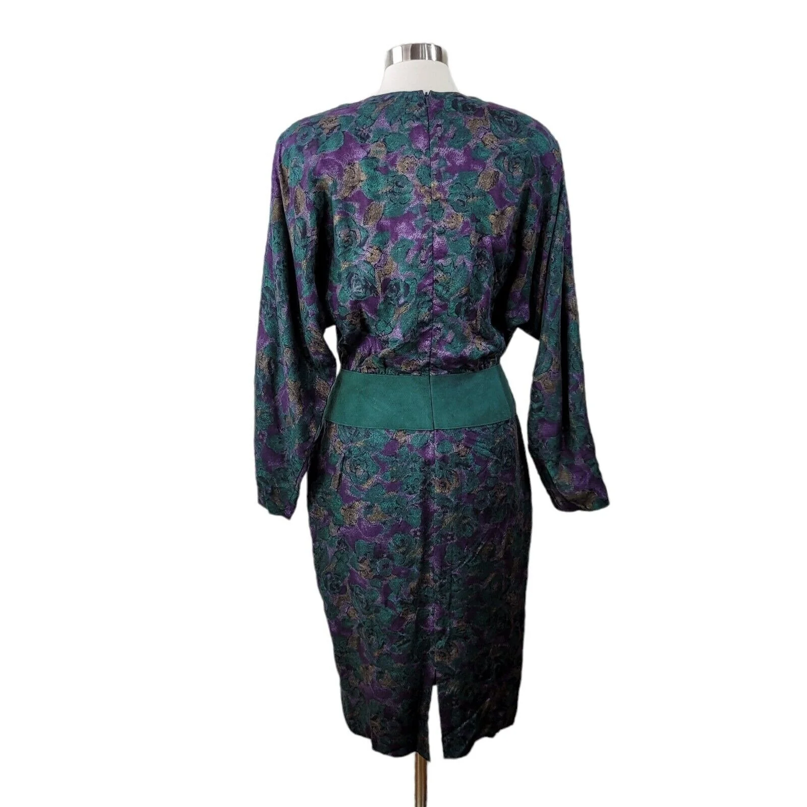 Vintage 80s Party Dress Size 10/12 Career Suede Leather Waist Trim Teal Purple - Image 5