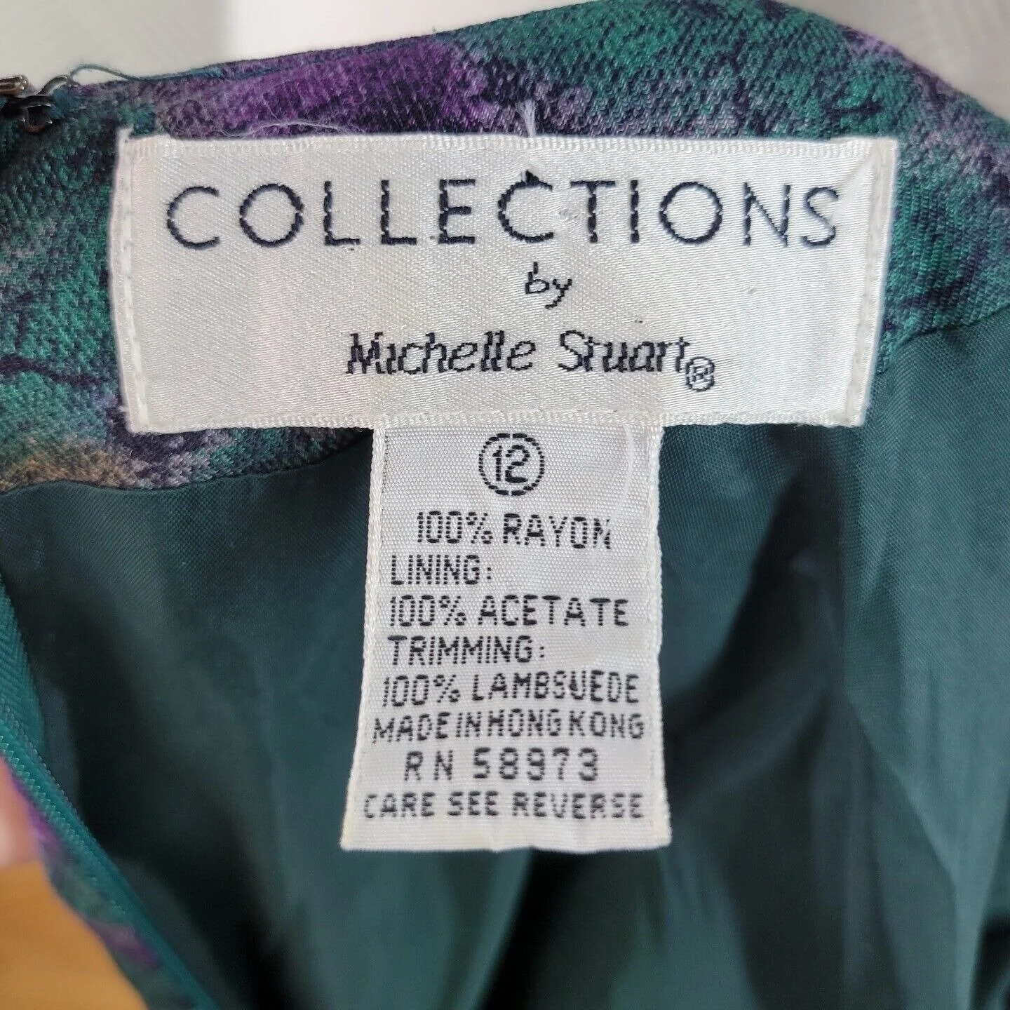 Vintage 80s Party Dress Size 10/12 Career Suede Leather Waist Trim Teal Purple - Image 7