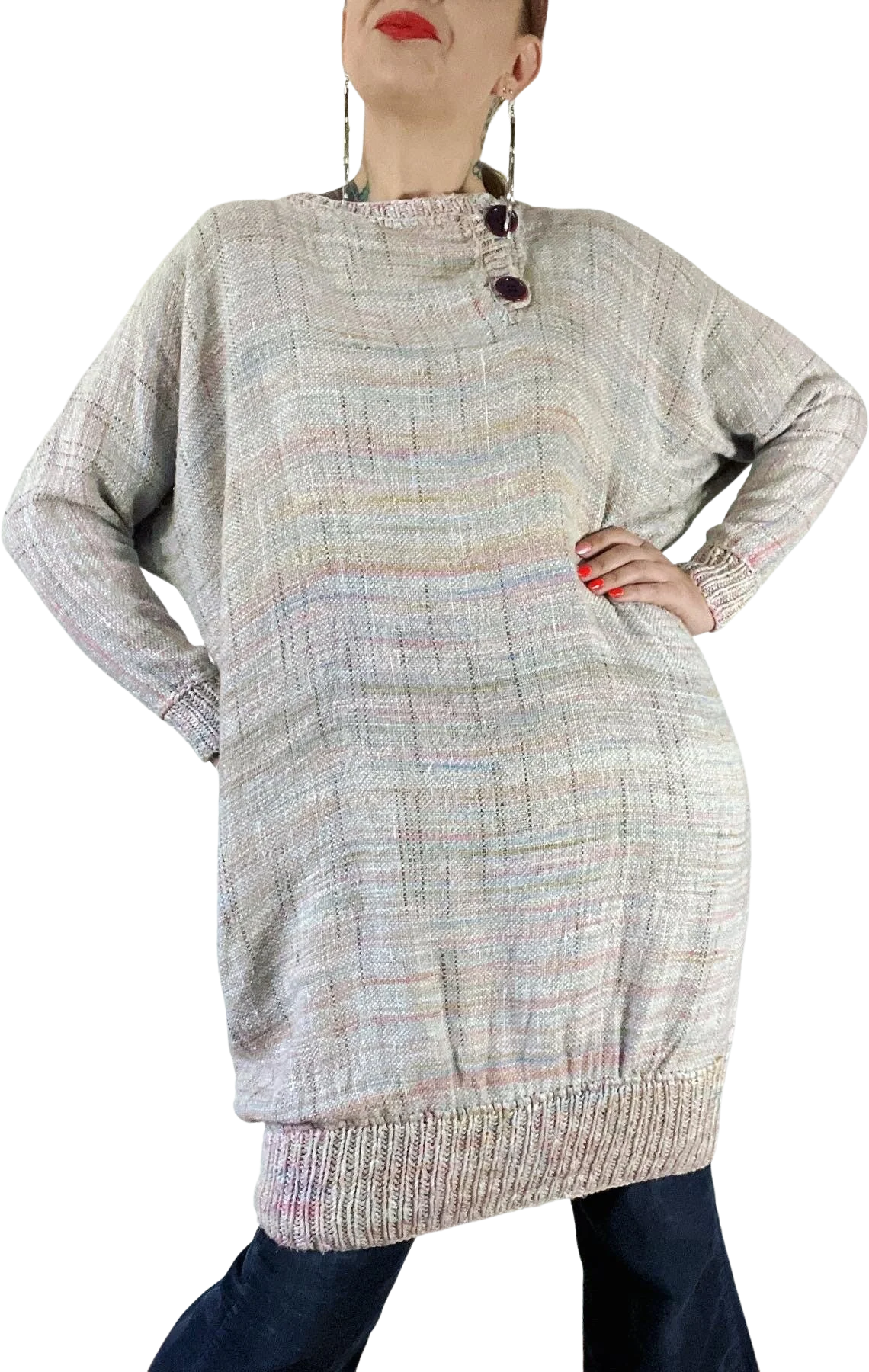 Vintage 80s Pastel Rainbow Spacedye Slub Raw Silk Dolman Sleeve Tunic Sweater Dress by L’isle
