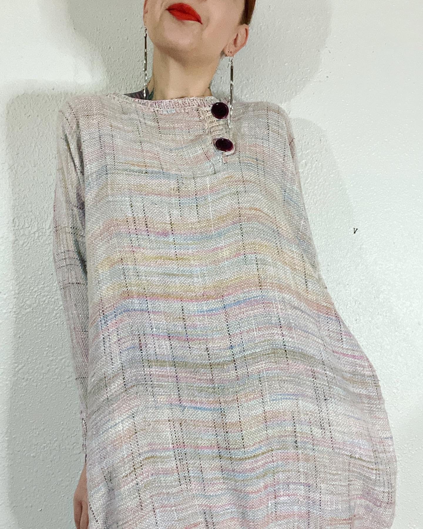 Vintage 80s Pastel Rainbow Spacedye Slub Raw Silk Dolman Sleeve Tunic Sweater Dress by L’isle - Image 2