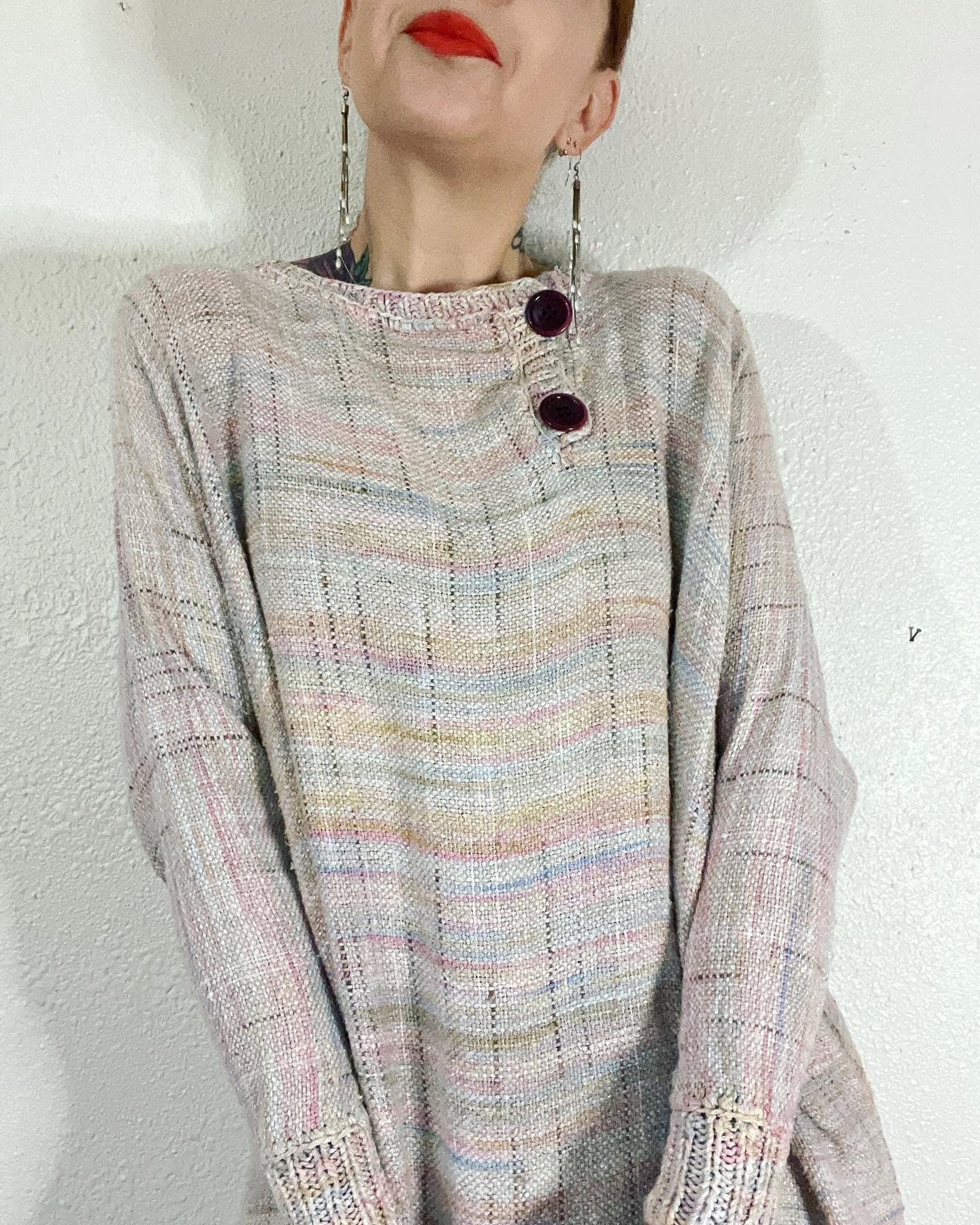 Vintage 80s Pastel Rainbow Spacedye Slub Raw Silk Dolman Sleeve Tunic Sweater Dress by L’isle - Image 3
