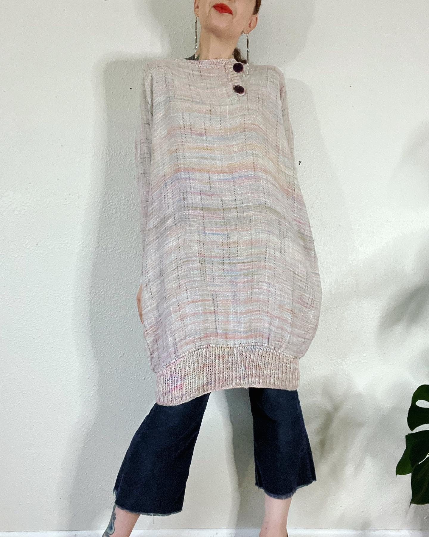 Vintage 80s Pastel Rainbow Spacedye Slub Raw Silk Dolman Sleeve Tunic Sweater Dress by L’isle - Image 4