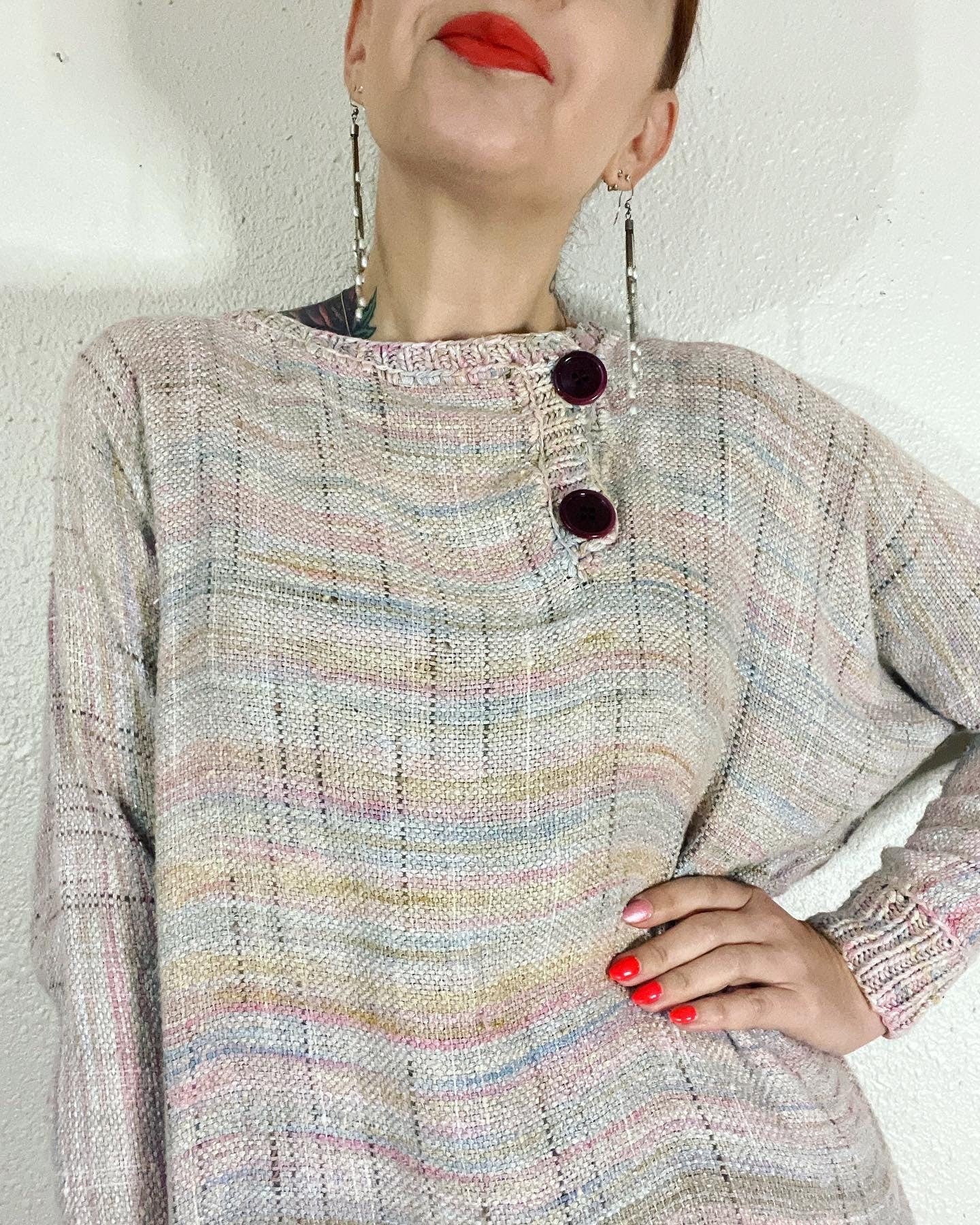 Vintage 80s Pastel Rainbow Spacedye Slub Raw Silk Dolman Sleeve Tunic Sweater Dress by L’isle - Image 5