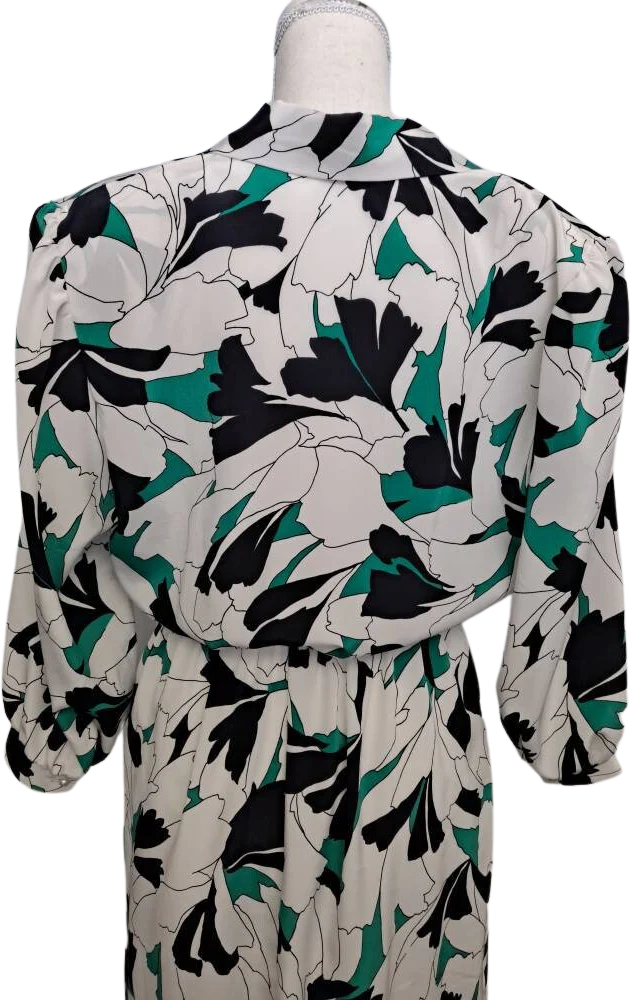 80s Vintage Shirt Waist Dress Navy Teal White Floral By Pellini - Image 2
