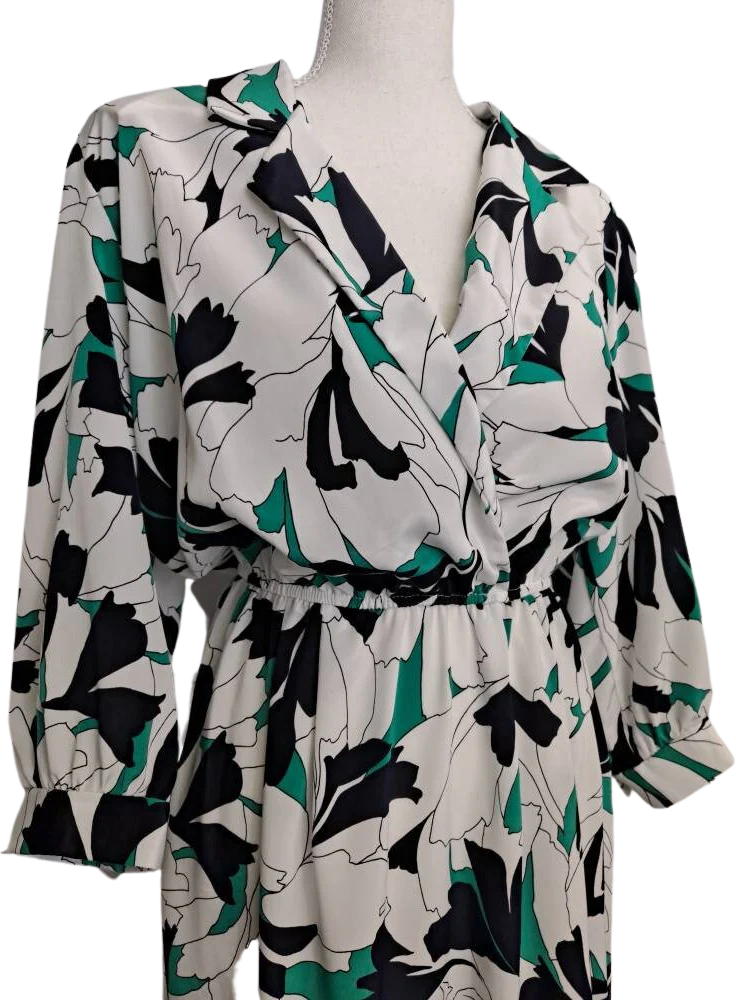 80s Vintage Shirt Waist Dress Navy Teal White Floral By Pellini - Image 3