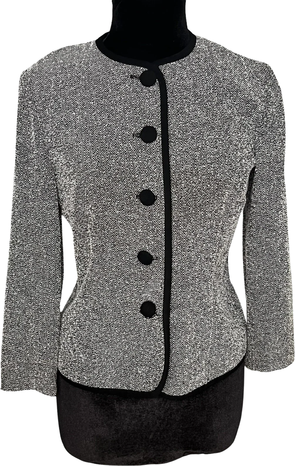 Vintage 80s Petites 8p Black White Herringbone Blazer Jacket Medium by Leslie Fay