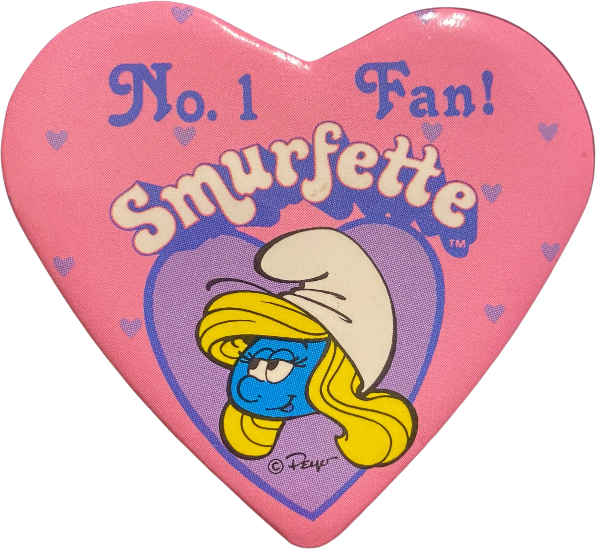 Vintage 80s Peyo No 1 Fan Smurfette Smurf Pink Purple Heart Pin