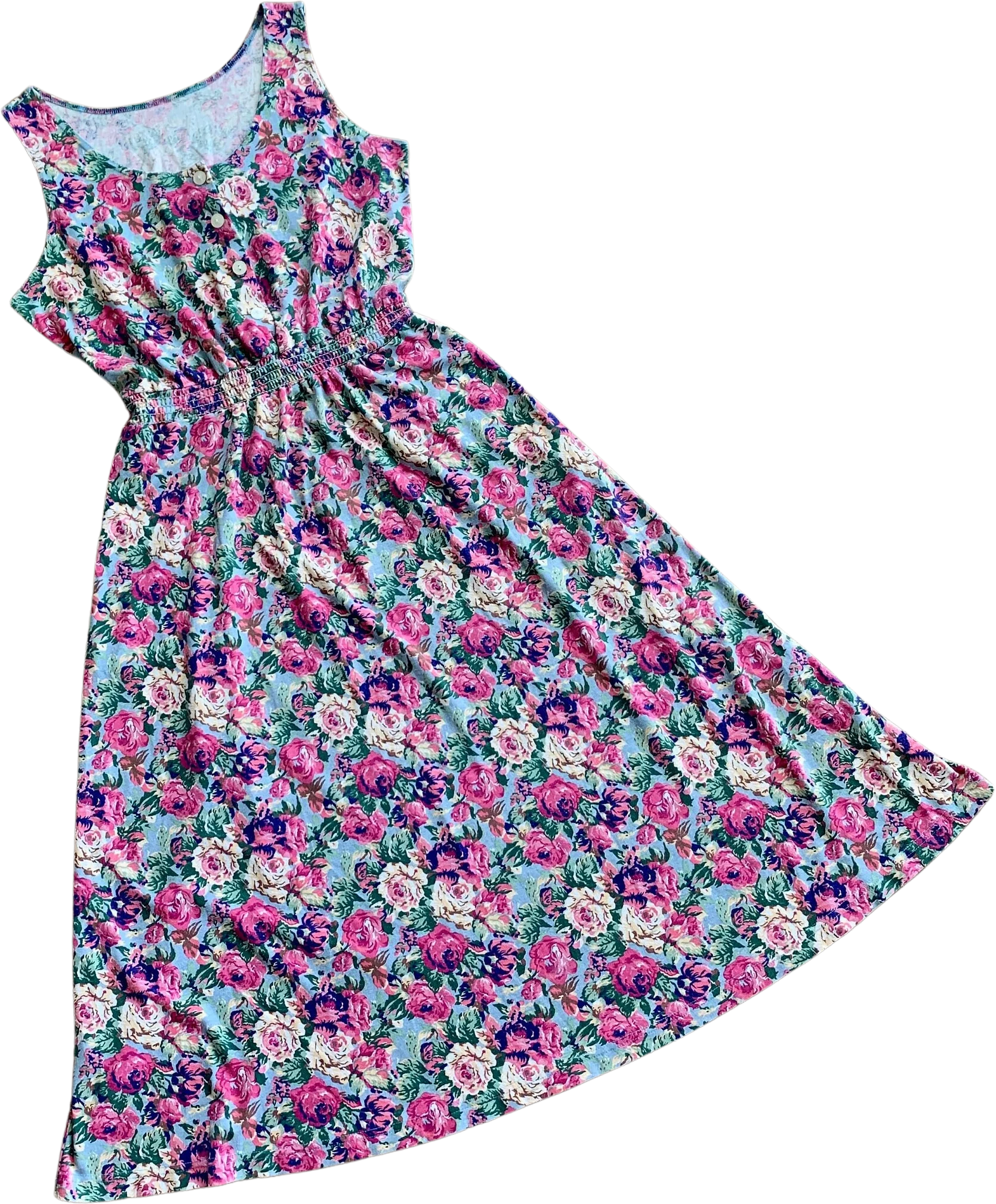 Vintage 80s Pink Rose Garden Midi Dress Sz L / Xl
