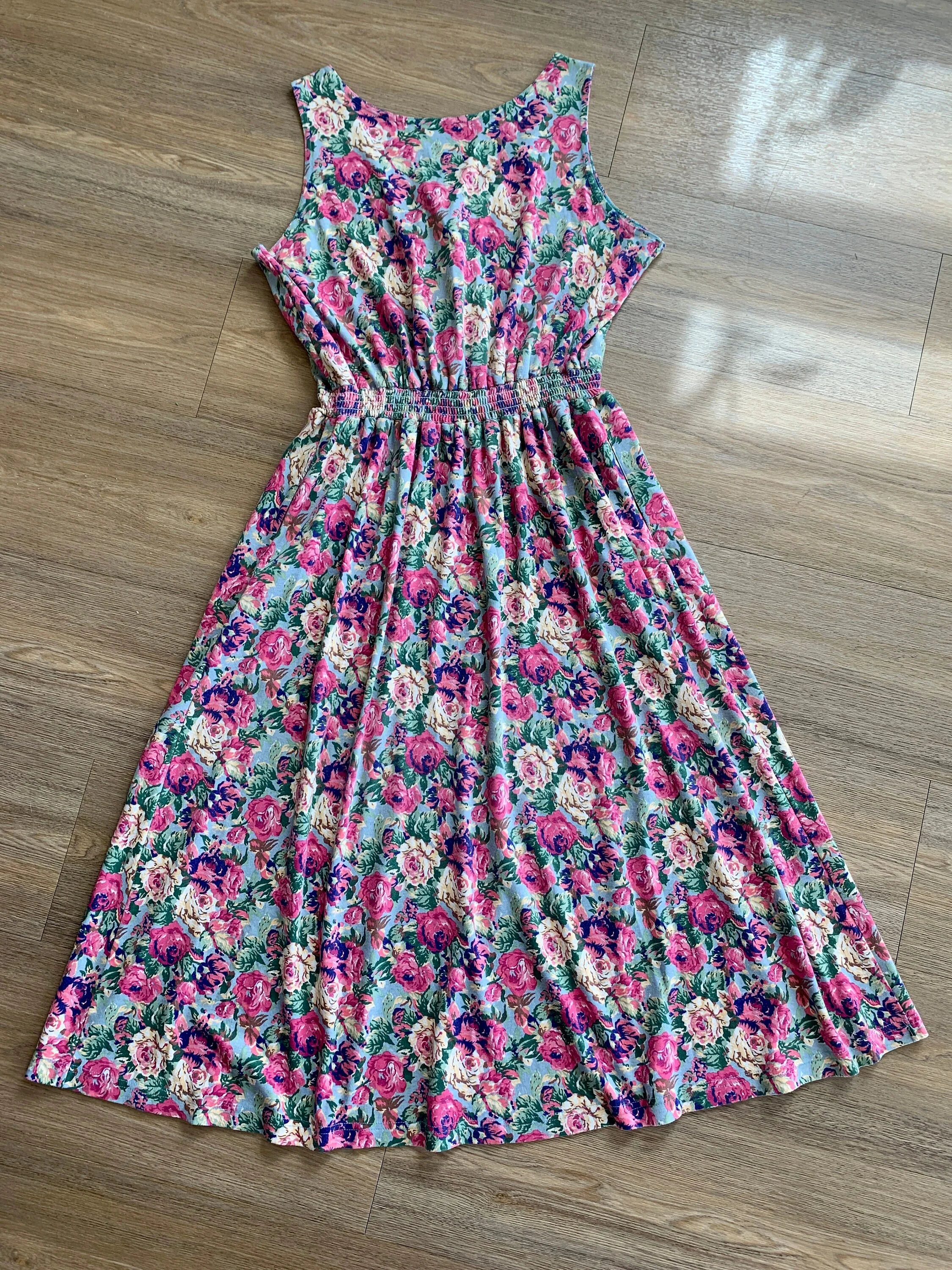 Vintage 80s Pink Rose Garden Midi Dress Sz L / Xl - Image 2