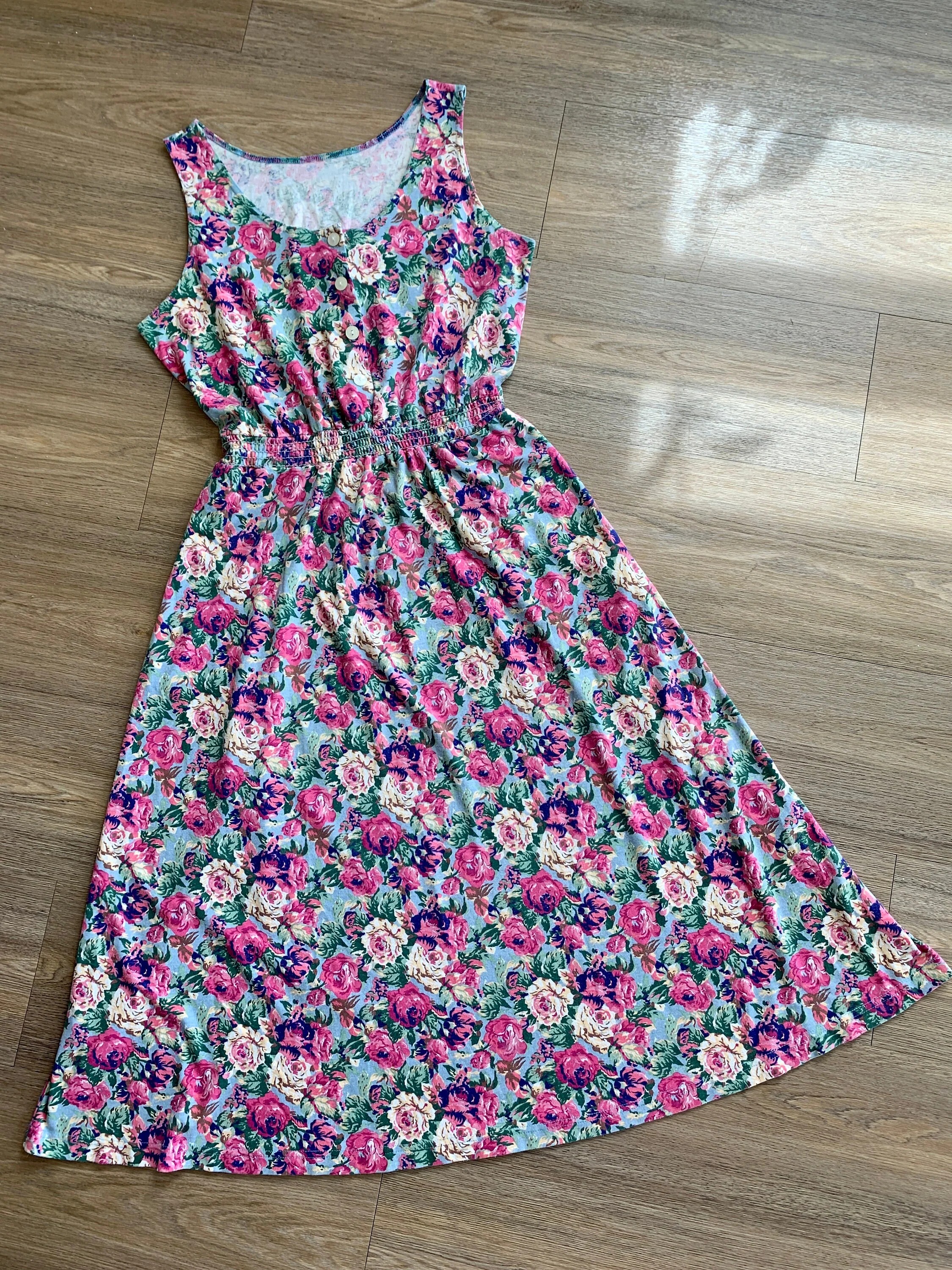 Vintage 80s Pink Rose Garden Midi Dress Sz L / Xl - Image 3