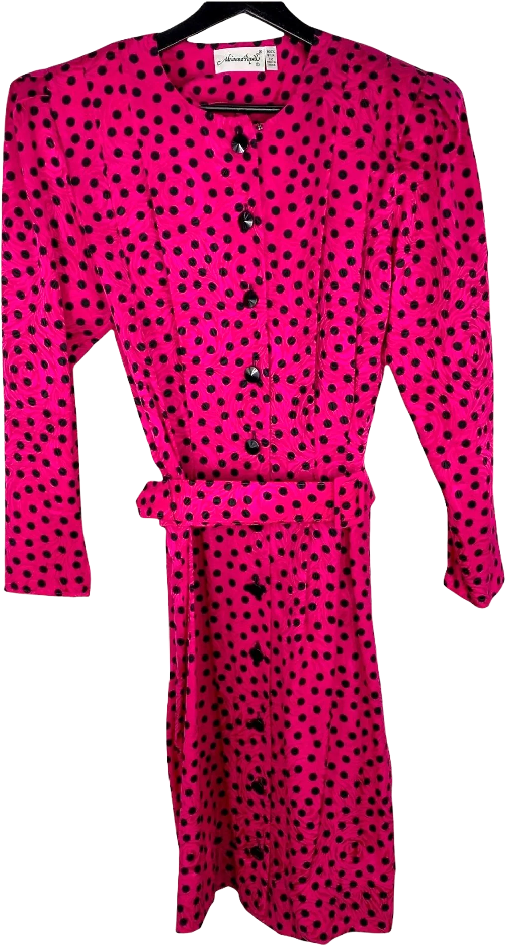 Vintage 80s  Pink Silk Polka Dot Belted Dress Large by Adrianna Papell
