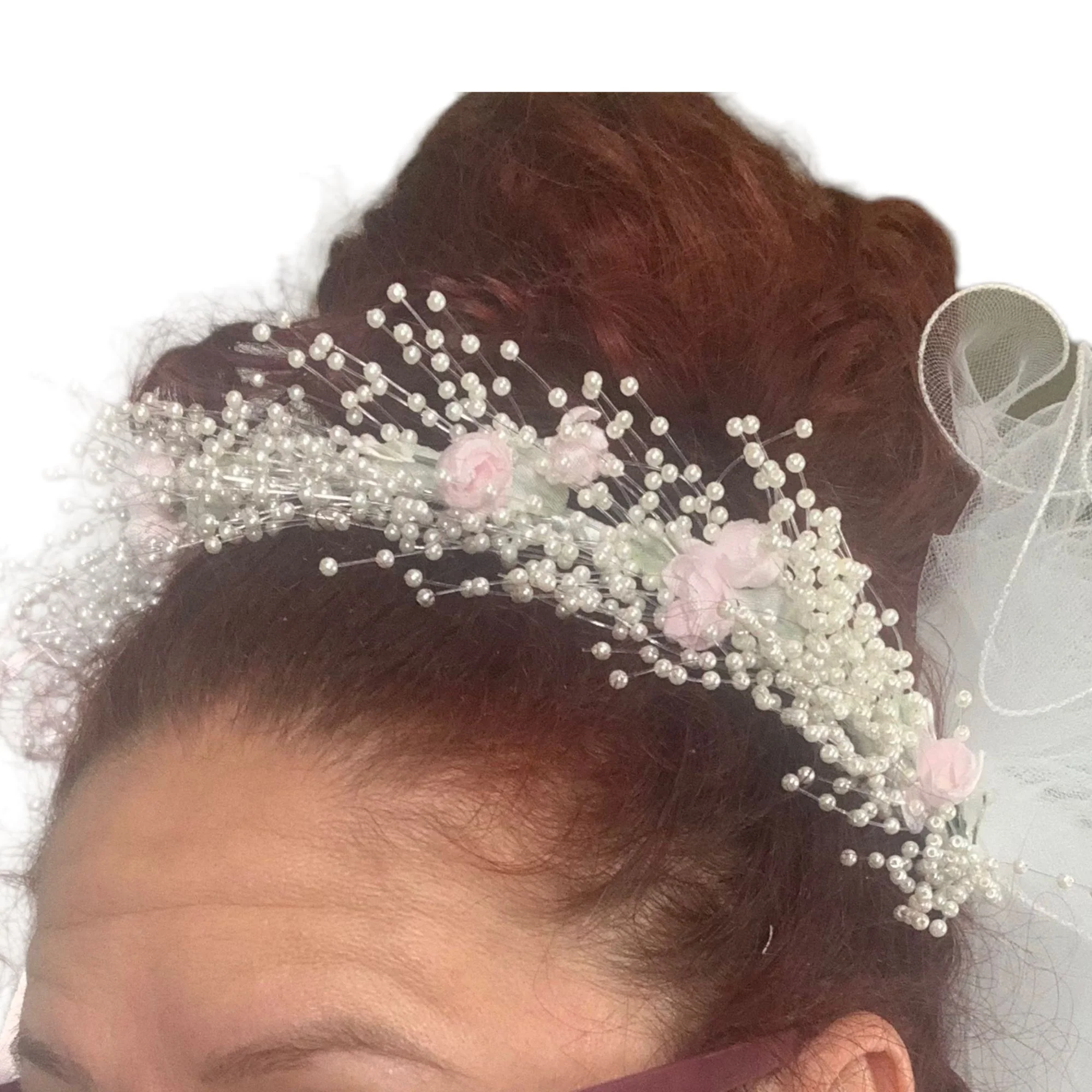 Vintage 80s Pink White Faux Pearl Ribbon Bridal Headpiece Veil - Image 2