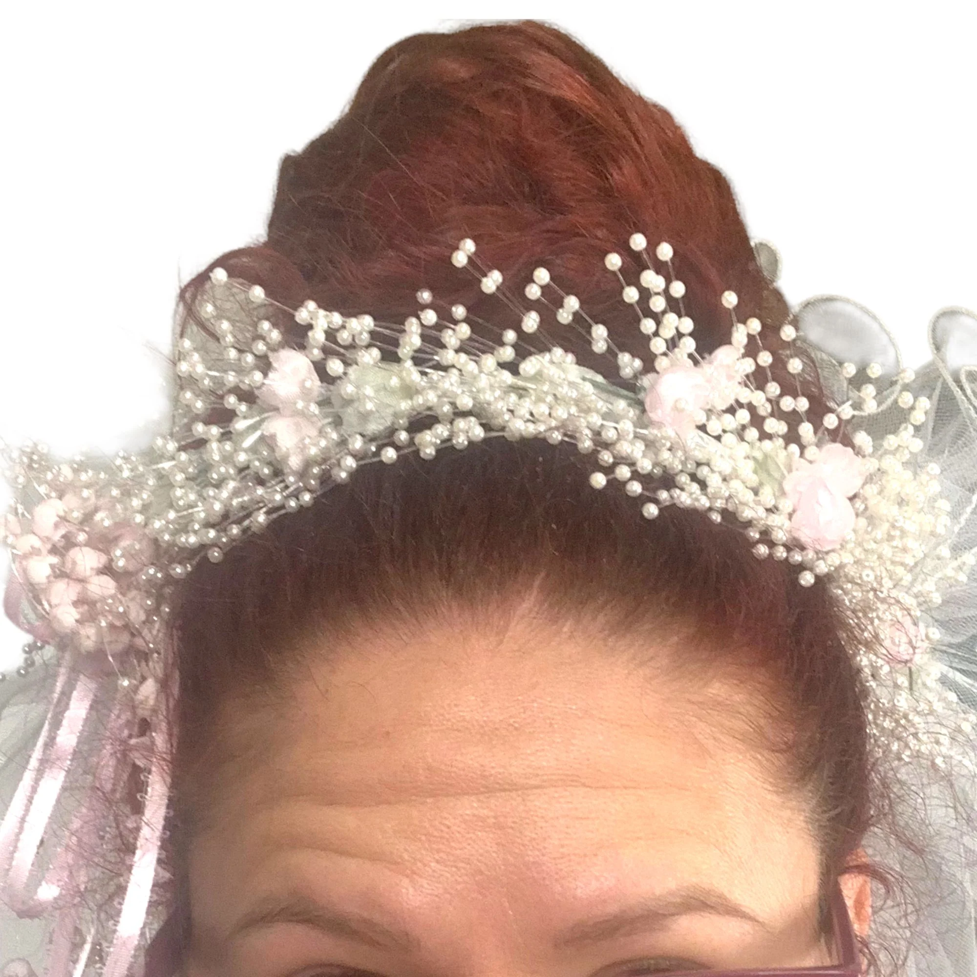 Vintage 80s Pink White Faux Pearl Ribbon Bridal Headpiece Veil - Image 3