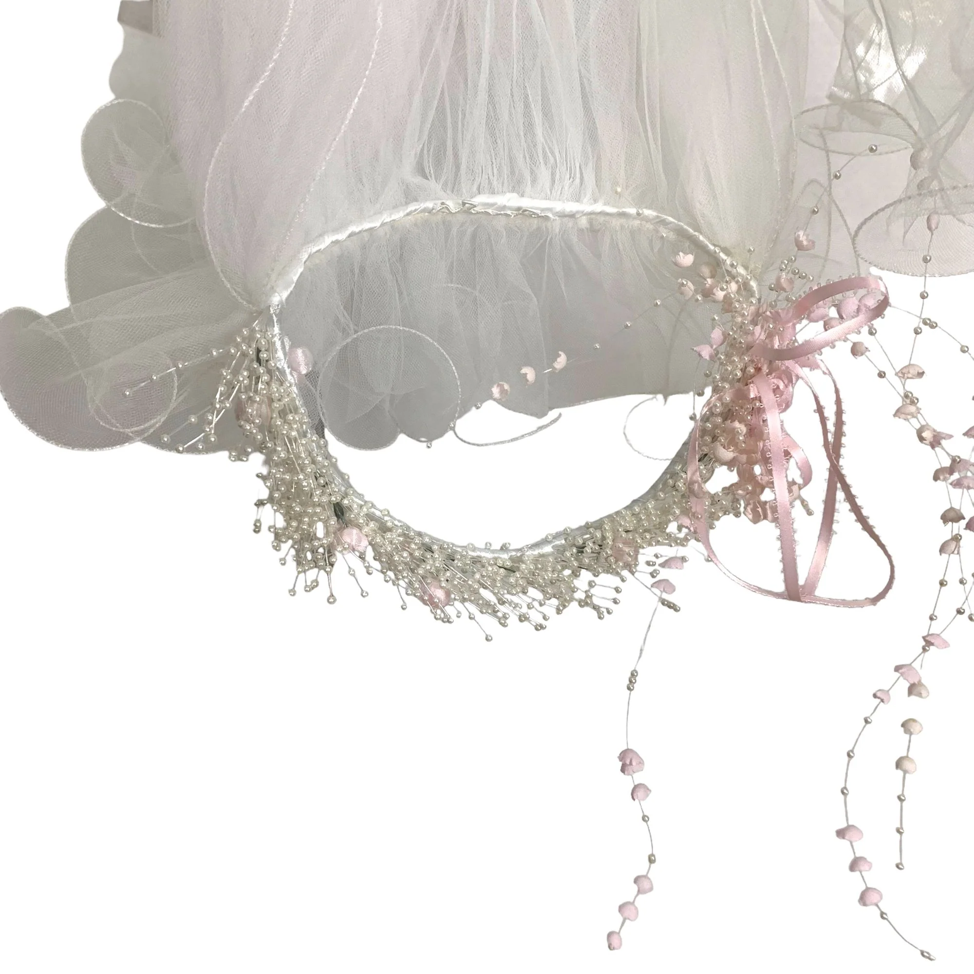 Vintage 80s Pink White Faux Pearl Ribbon Bridal Headpiece Veil - Image 5