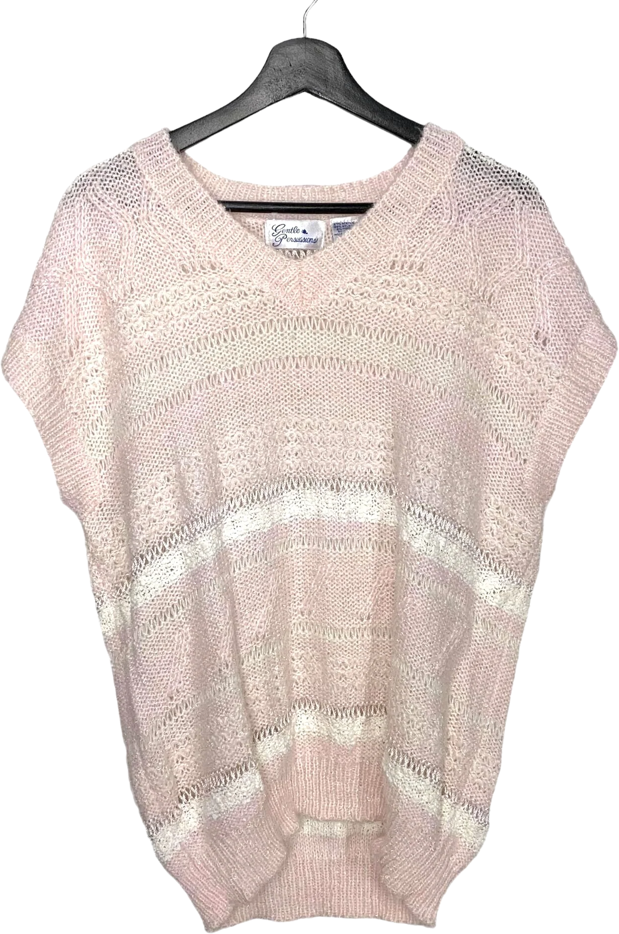 Vintage 80s Pink White Wide Shoulder Loose Knit Stripe Top 1x by Gentle Persuasions