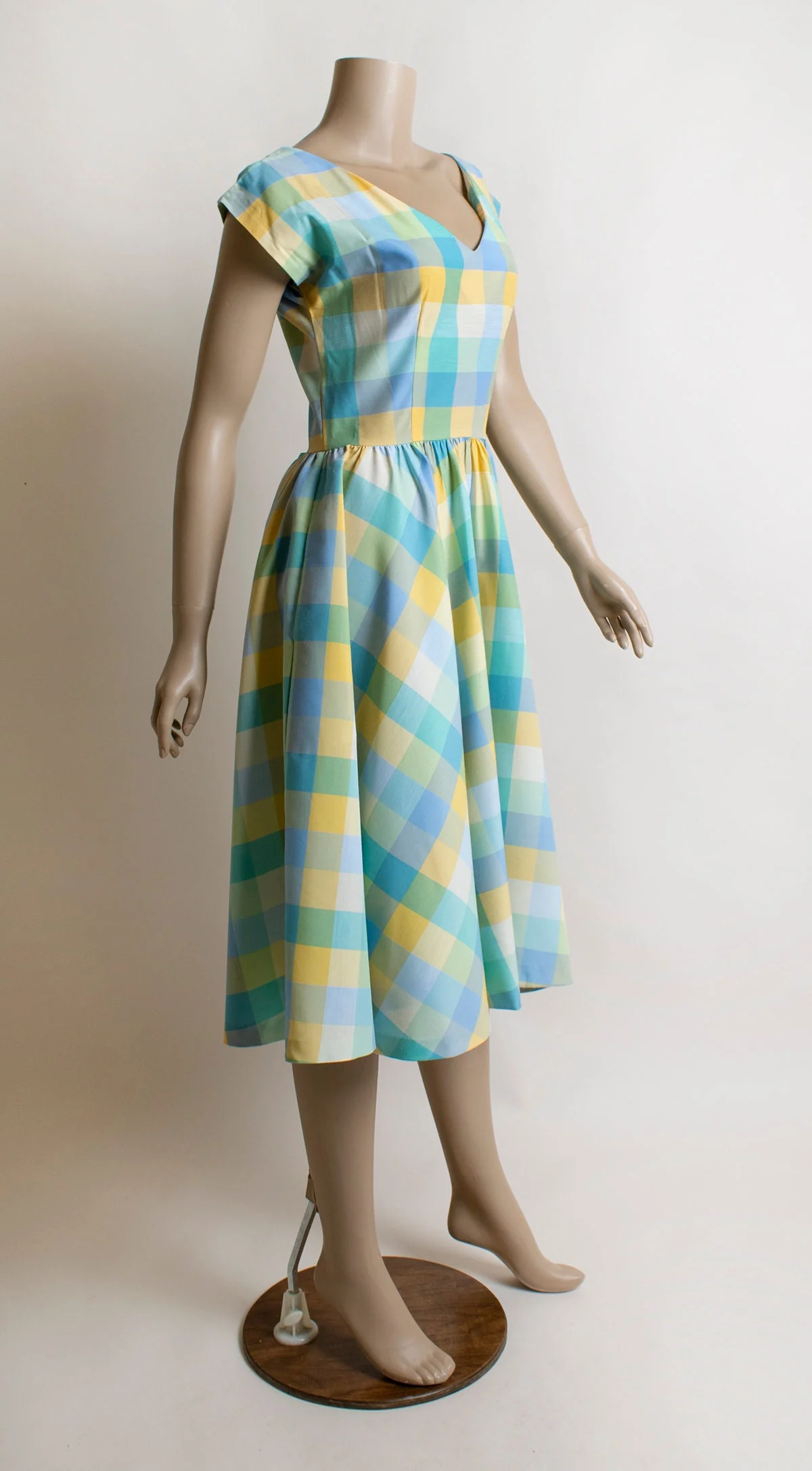 Vintage 80s Plaid Dress - Pastel Blue Yellow Green 50s 60s Style Fit N Flare Day Candy Full Circle Skirt Cotton Small by Mindy Malone - Image 2