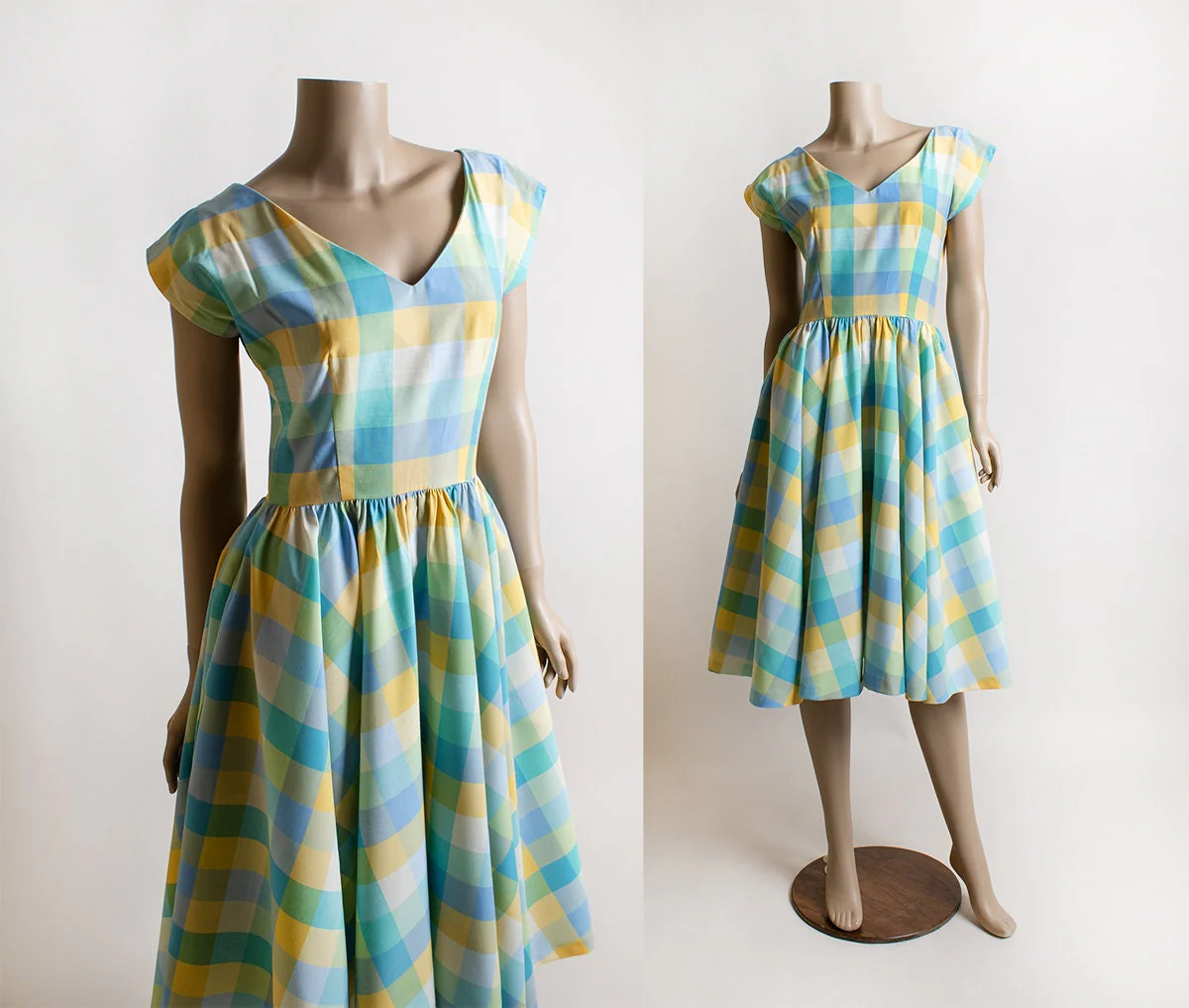 Vintage 80s Plaid Dress - Pastel Blue Yellow Green 50s 60s Style Fit N Flare Day Candy Full Circle Skirt Cotton Small by Mindy Malone - Image 3