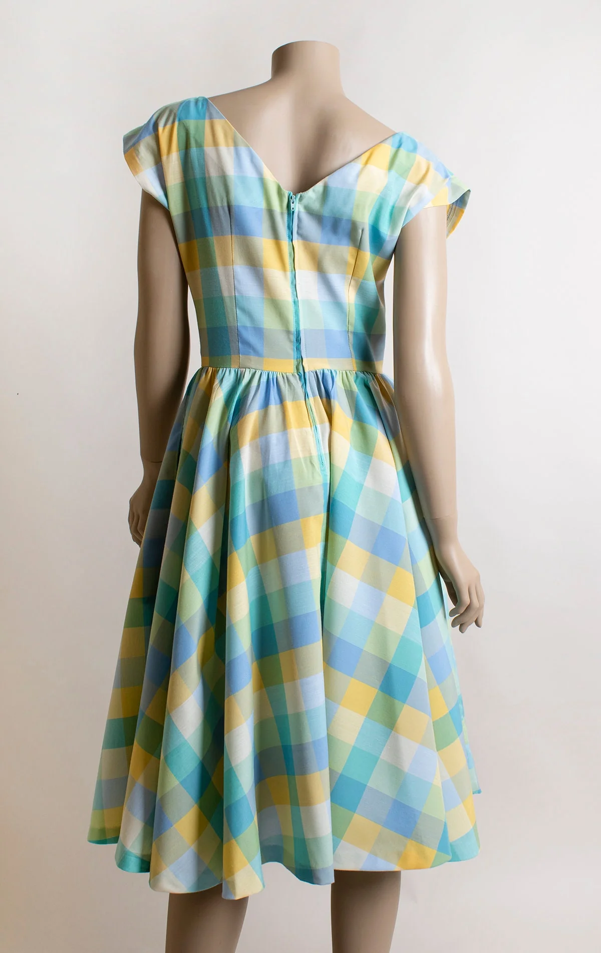 Vintage 80s Plaid Dress - Pastel Blue Yellow Green 50s 60s Style Fit N Flare Day Candy Full Circle Skirt Cotton Small by Mindy Malone - Image 4