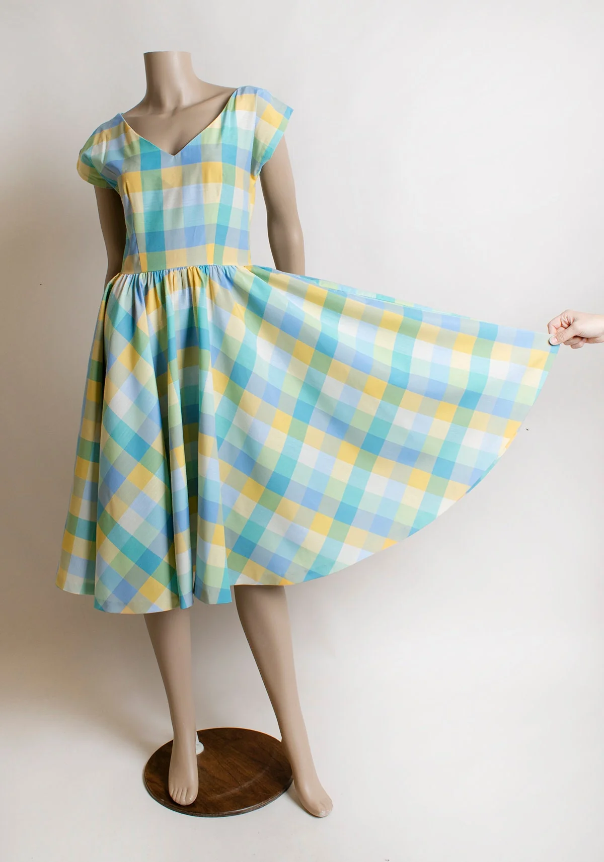 Vintage 80s Plaid Dress - Pastel Blue Yellow Green 50s 60s Style Fit N Flare Day Candy Full Circle Skirt Cotton Small by Mindy Malone - Image 5