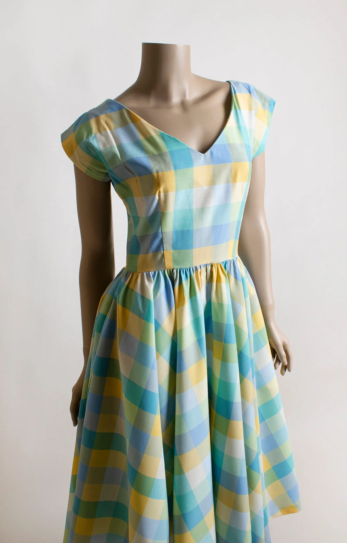 Vintage 80s Plaid Dress - Pastel Blue Yellow Green 50s 60s Style Fit N Flare Day Candy Full Circle Skirt Cotton Small by Mindy Malone - Image 7