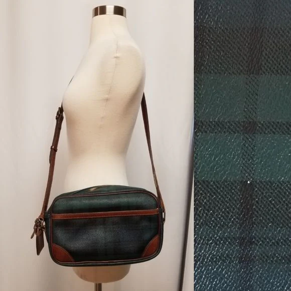 Vintage 80s Plaid Tartan Blackwatch Canvas and Leather Messenger Bag by Ralph Lauren - Image 2