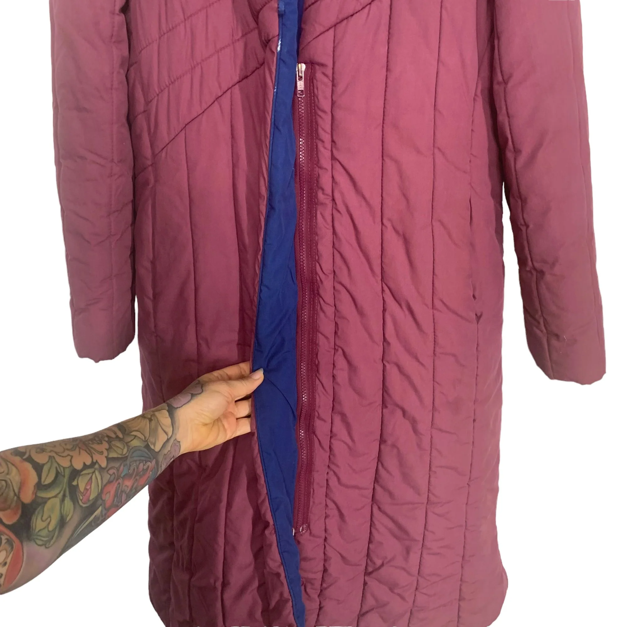 Vintage 80s Plum Burgundy Saxton Hall Quilted Long Zip Up Jacket Medium - Image 6