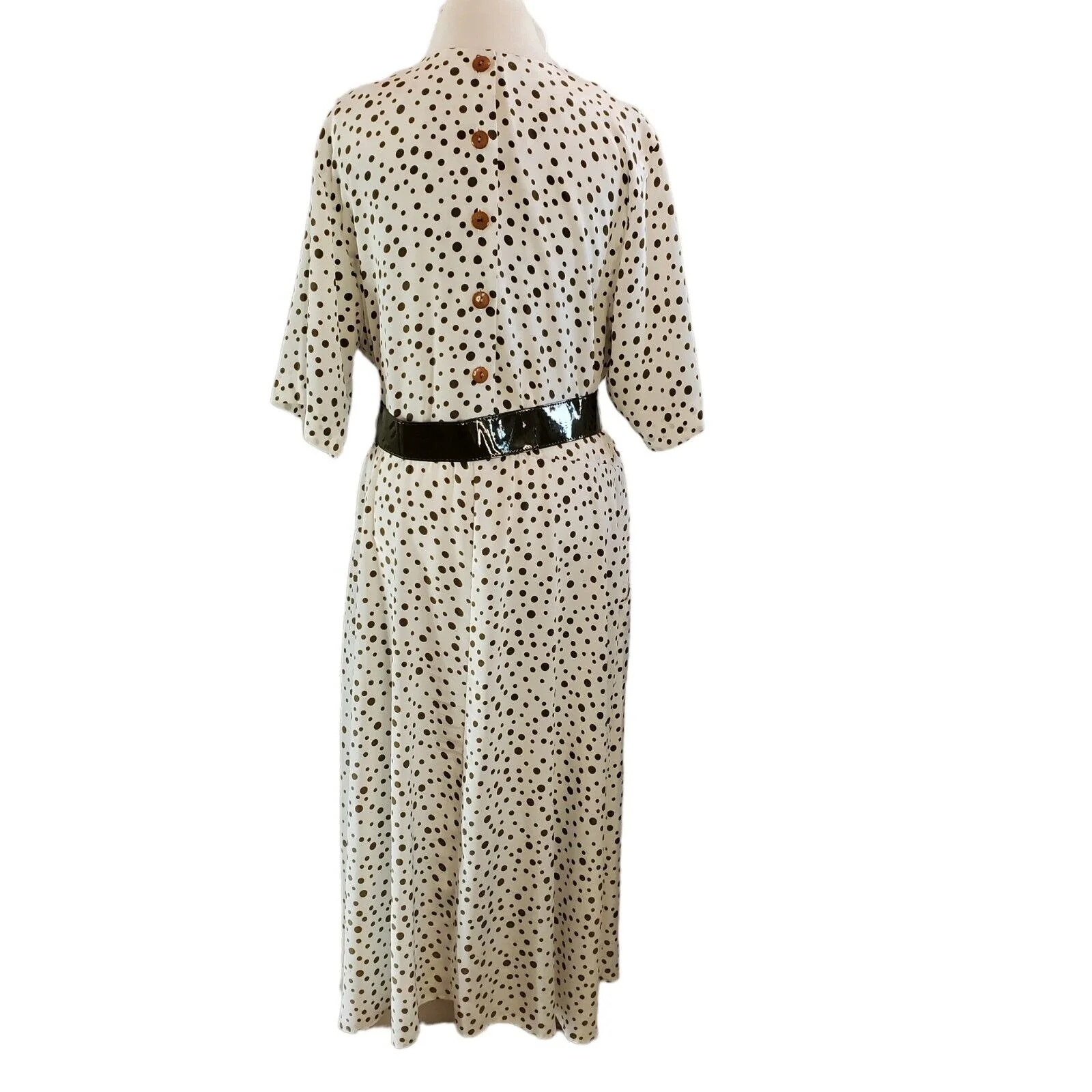 Vintage 80s Polka Dot Belted Midi Dress Shirt Sleeve Offehite Olive Green Sz Xl - Image 2