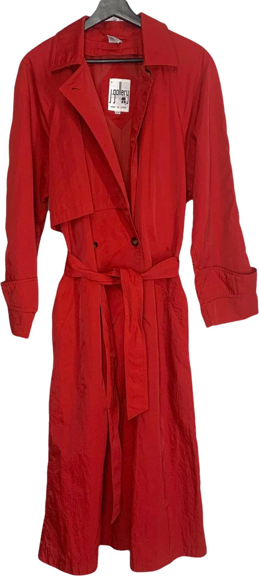 Vintage 80s Red Nylon Double Breasted Trench Coat by J Gallery