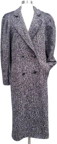 Vintage 80s Retro Black Gray Multi Tweed Wool Leather Longline Trench Coat Md