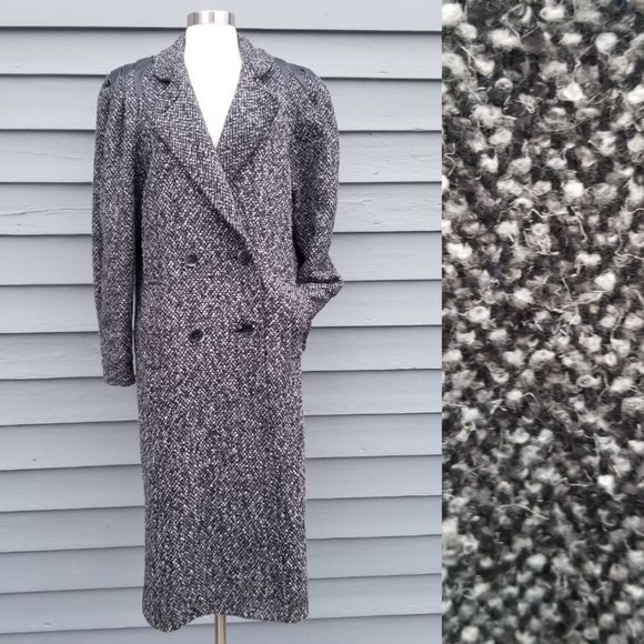 Vintage 80s Retro Black Gray Multi Tweed Wool Leather Longline Trench Coat Md - Image 3