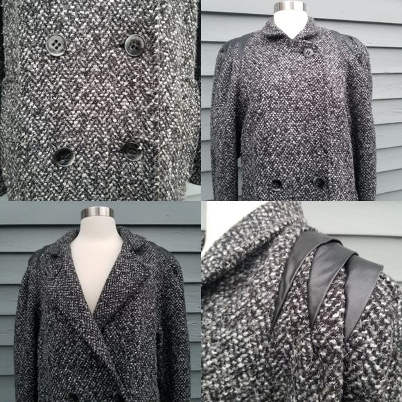 Vintage 80s Retro Black Gray Multi Tweed Wool Leather Longline Trench Coat Md - Image 4