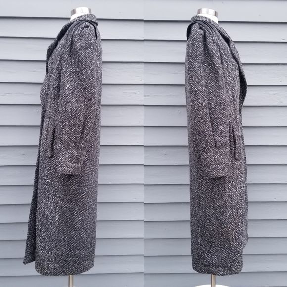 Vintage 80s Retro Black Gray Multi Tweed Wool Leather Longline Trench Coat Md - Image 5