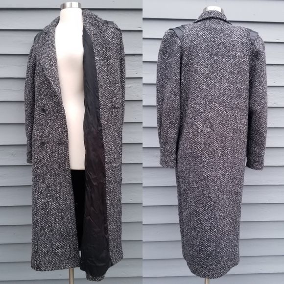 Vintage 80s Retro Black Gray Multi Tweed Wool Leather Longline Trench Coat Md - Image 6