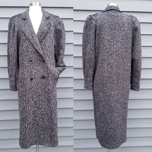 Vintage 80s Retro Black Gray Multi Tweed Wool Leather Longline Trench Coat Md - Image 9